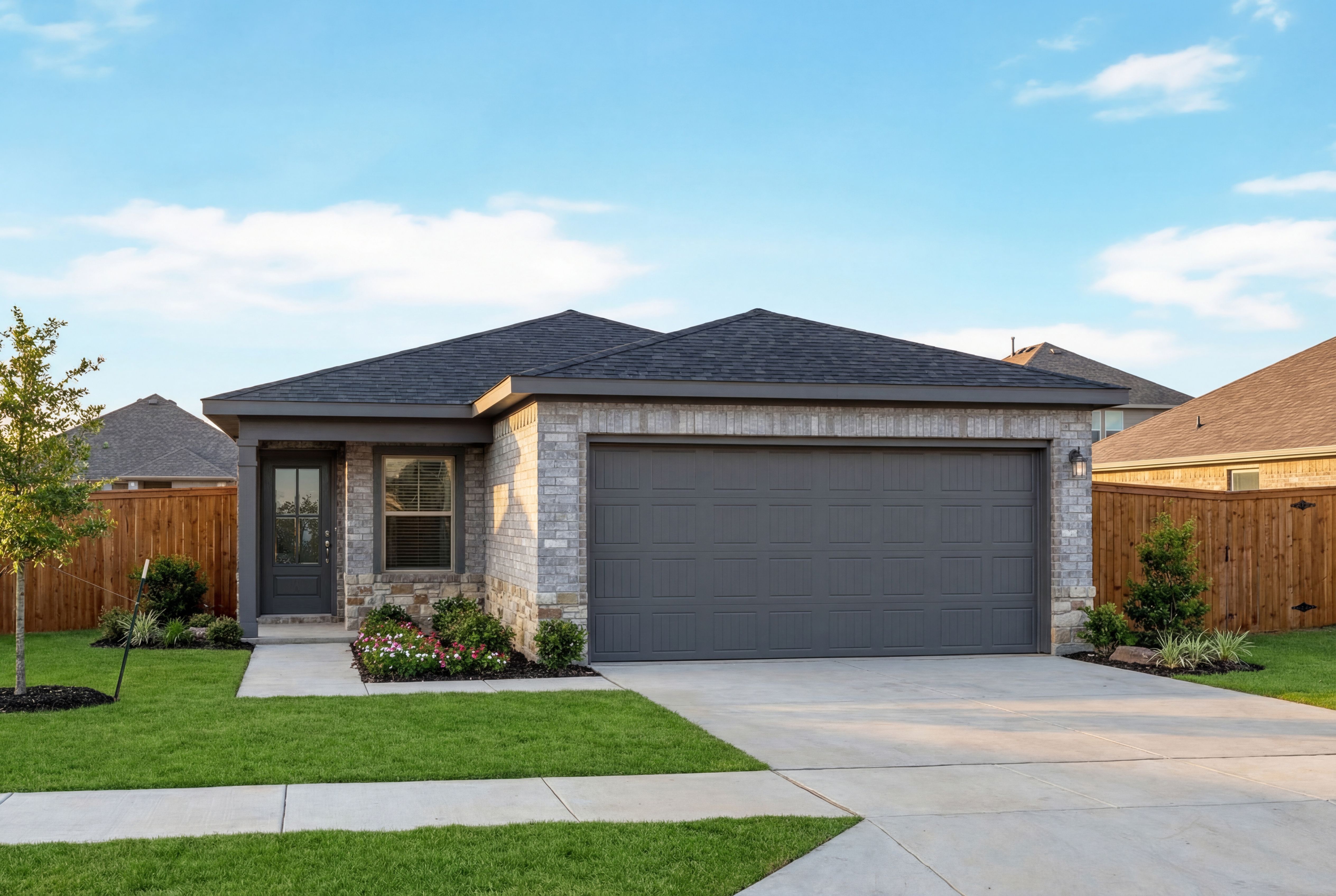 Modern single-story facade of The Colorado G with stone and gray siding, 2-car garage, landscaped yard in Heartland Texas