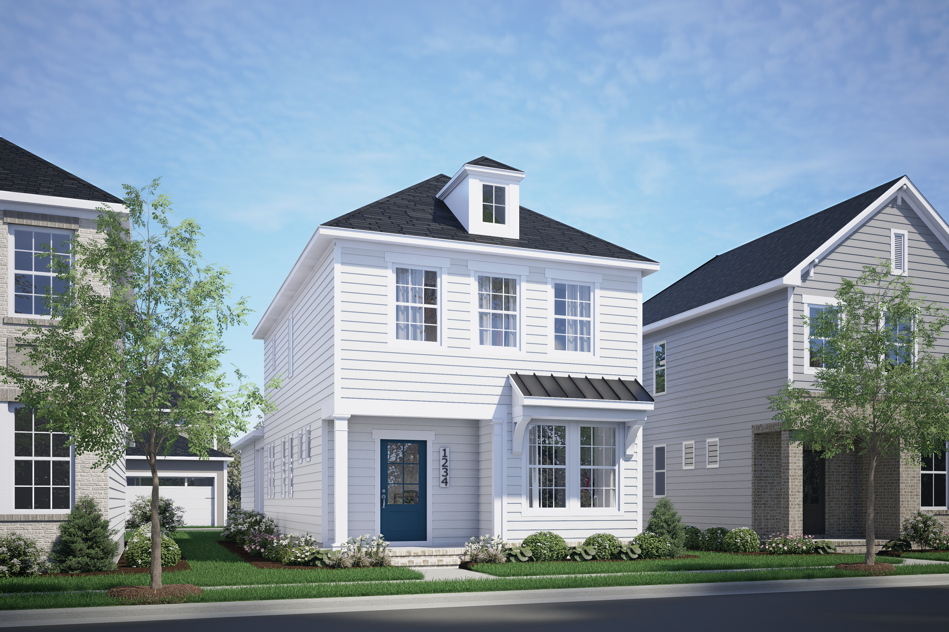 Two-story white exterior of The Alexander C featuring front porch, blue door, 2-car garage, Knightdale NC home design