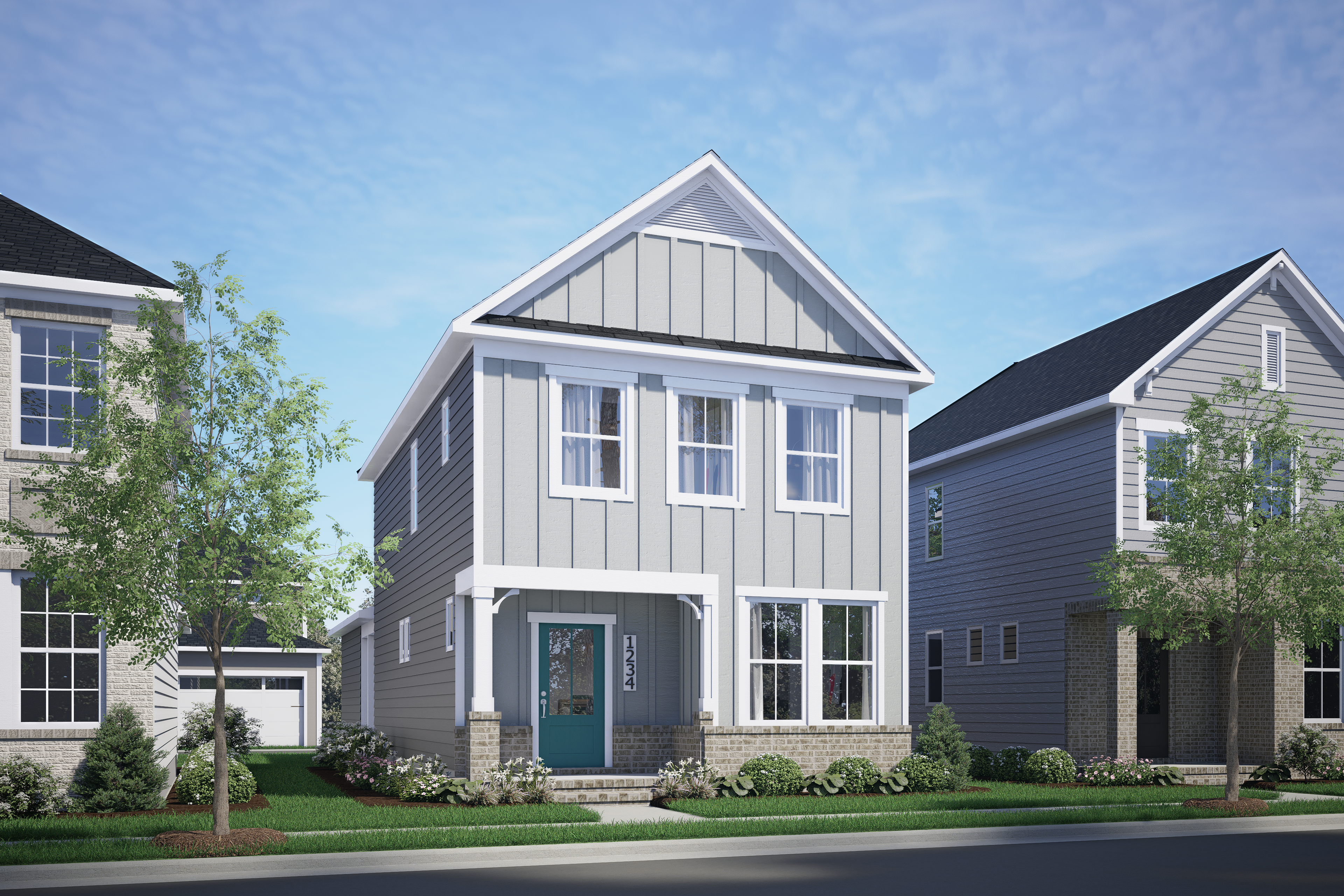 Two-story Burke B home elevation: gray siding, teal front door, covered porch, 2-car garage, Knightdale NC