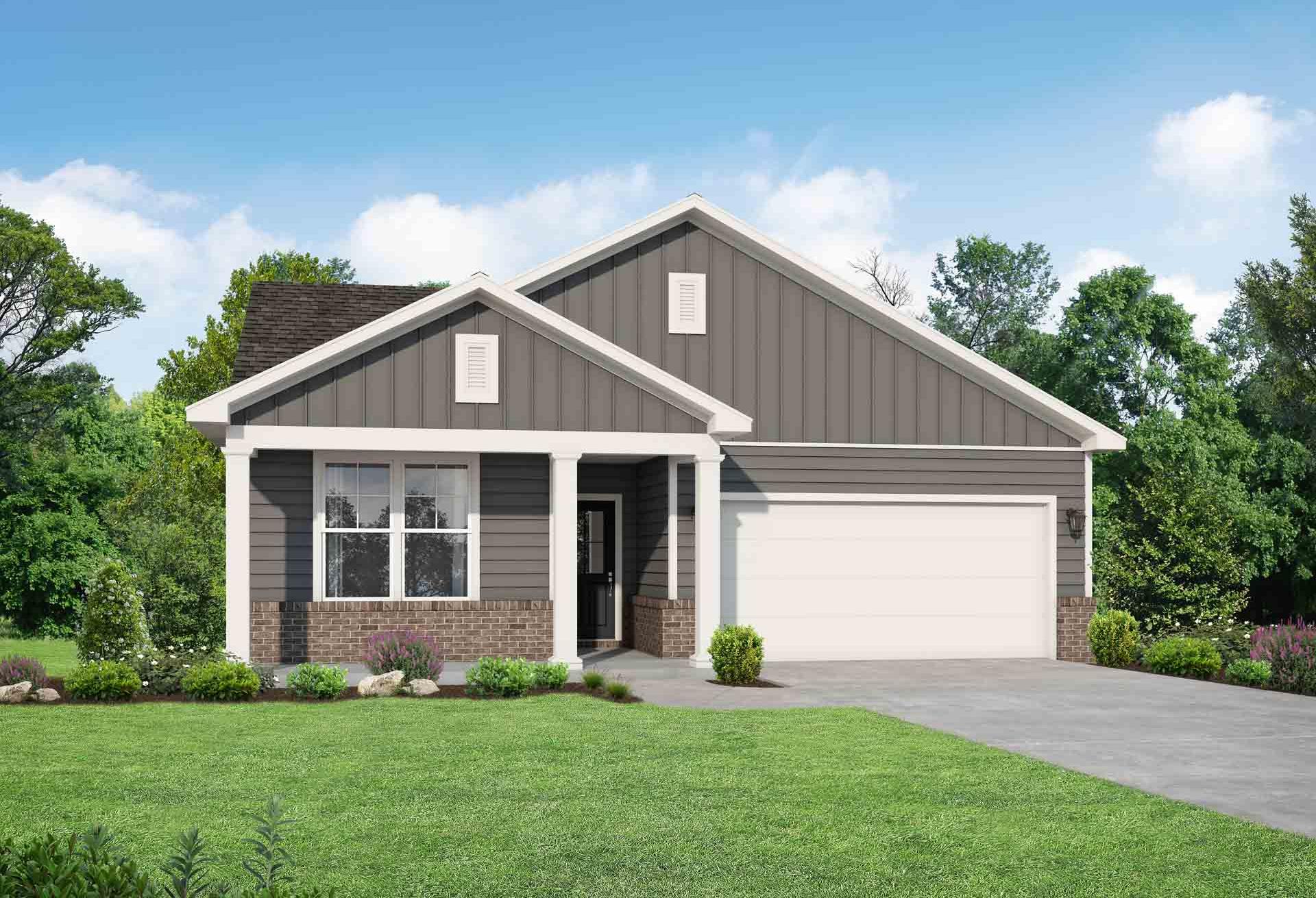 Modern single-story Franklin B home elevation with gray siding, gabled roof, two-car garage, and front porch landscaping