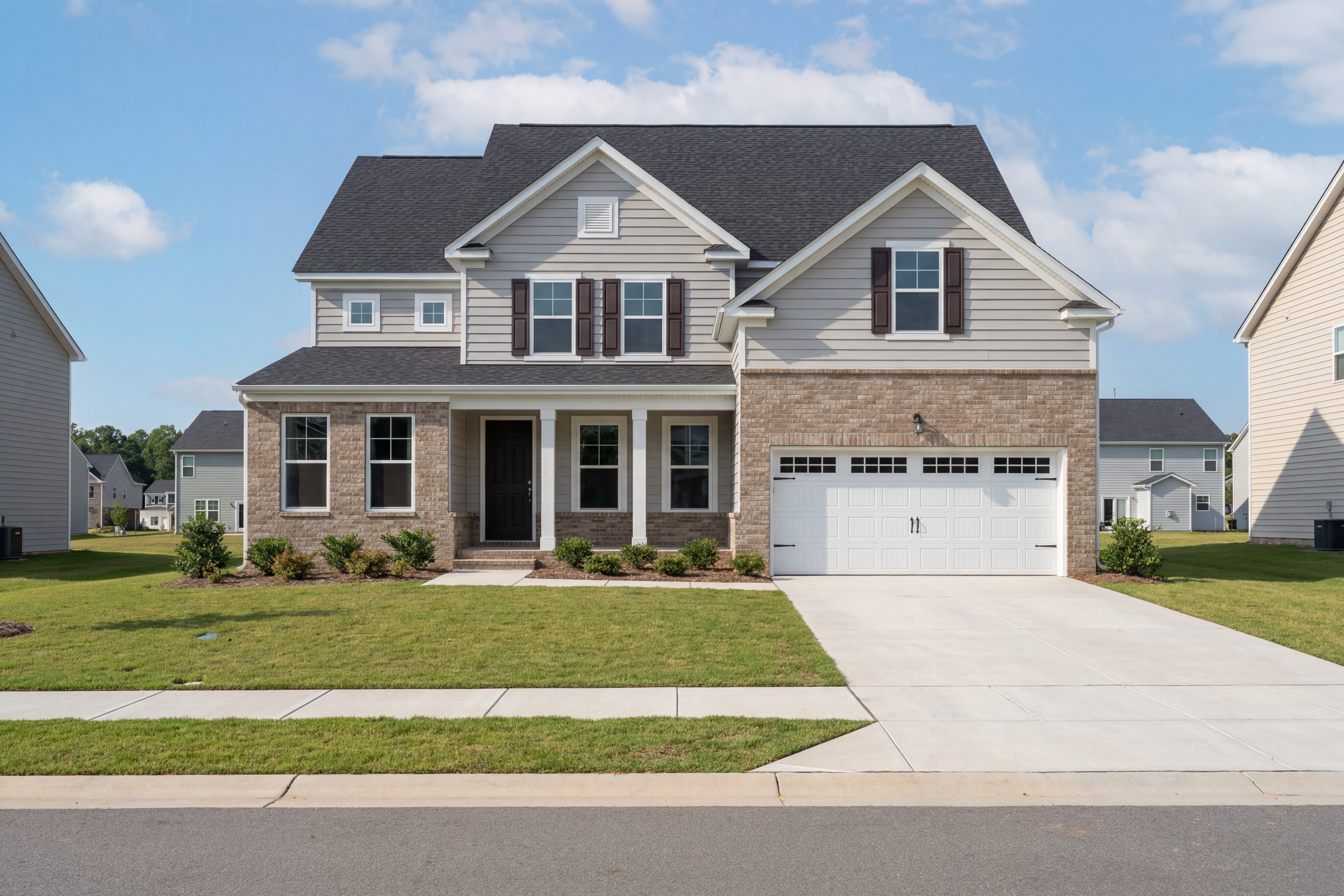 Two-story The Crawford home elevation with brick and vinyl siding, front porch, 2-car garage, and lush lawn in Holly Springs