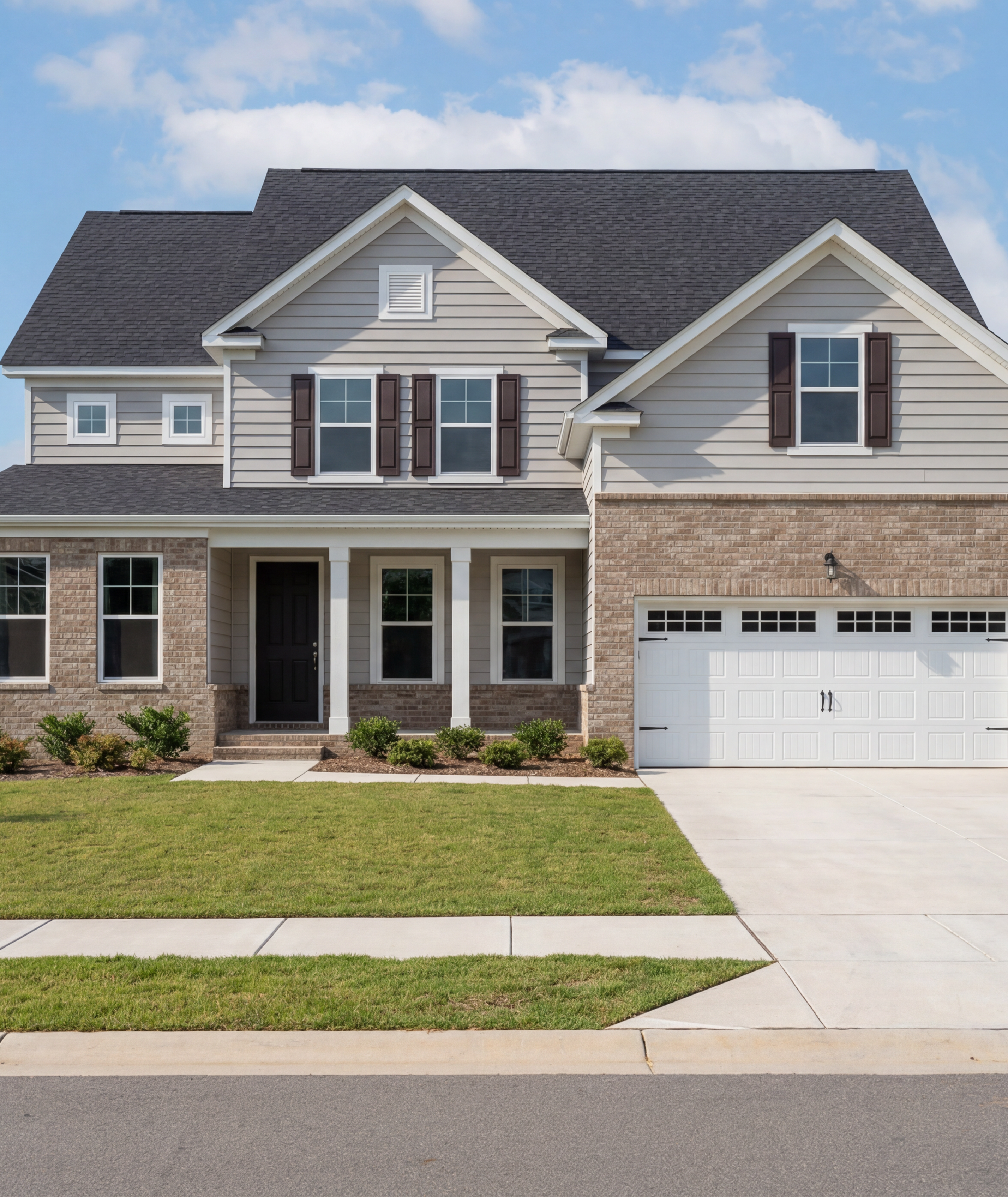 Two-story Davidson Homes exterior at Ashland in Apex, NC featuring brick and siding facade with a two-car garage.