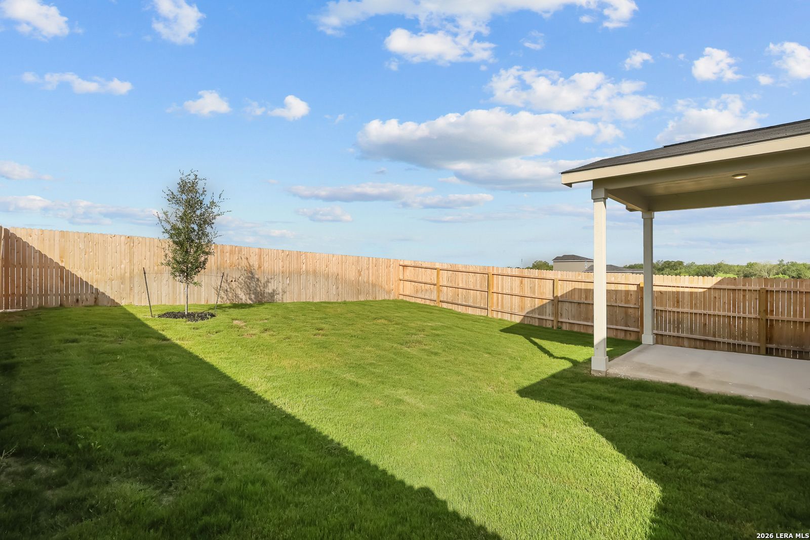 Fenced backyard with covered patio and green lawn at The Brazos B home by Davidson Homes in Agave, San Antonio, Texas.