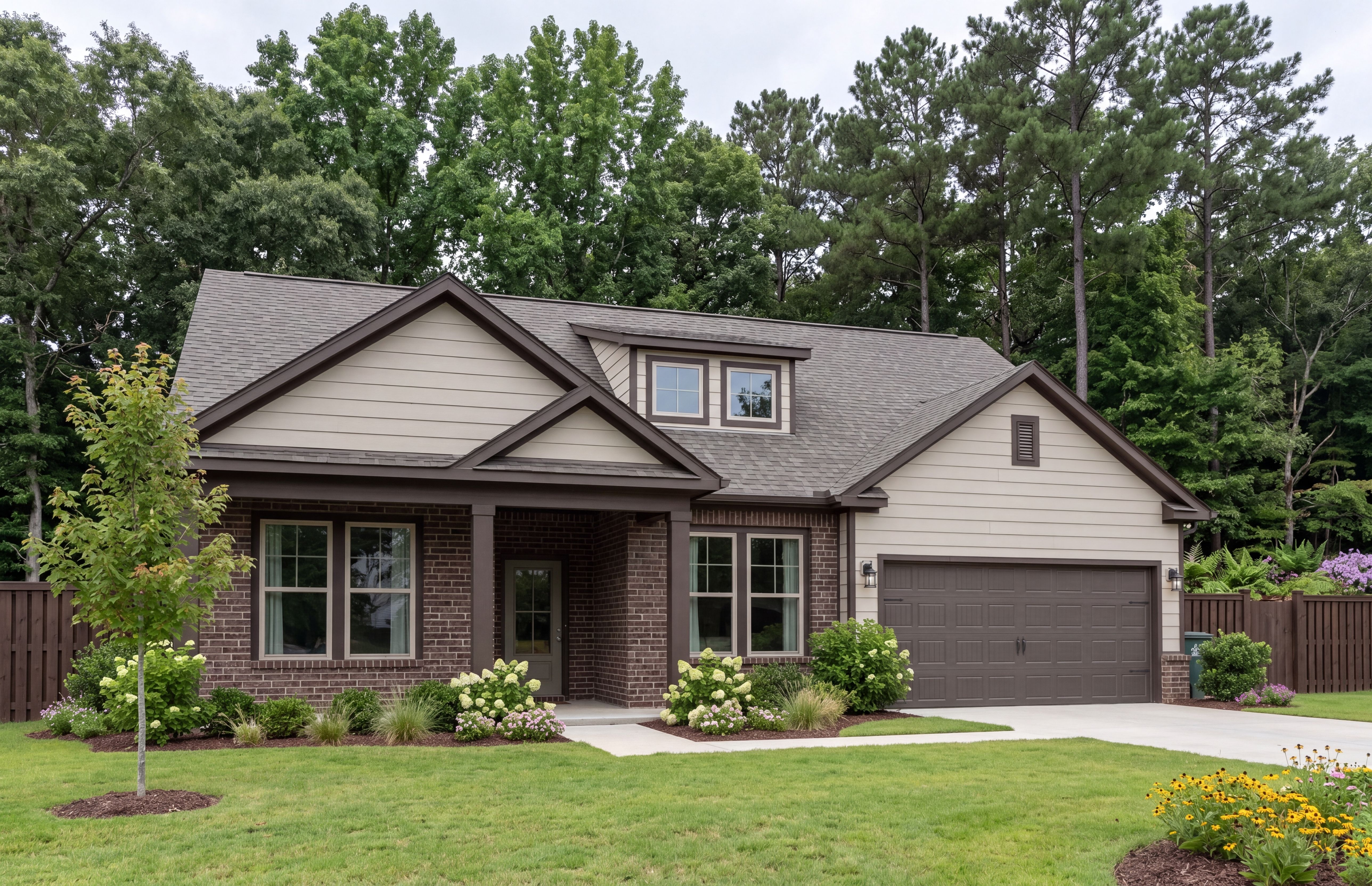 Exterior elevation of The Hibiscus E single-family home featuring cement siding, brick accents, and a spacious garage.