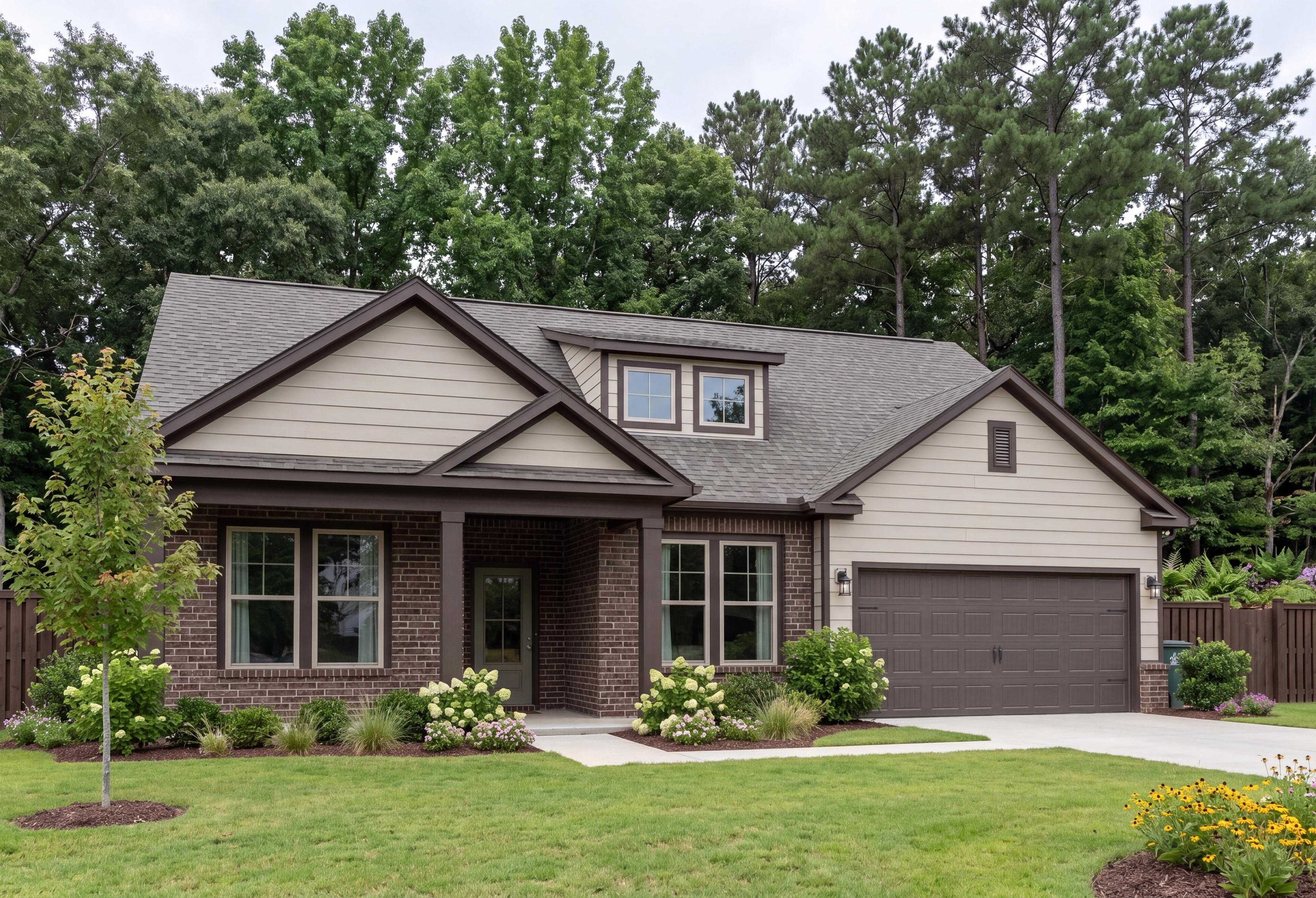 Exterior elevation of The Hibiscus E single-family home featuring cement siding, brick accents, and a spacious garage.