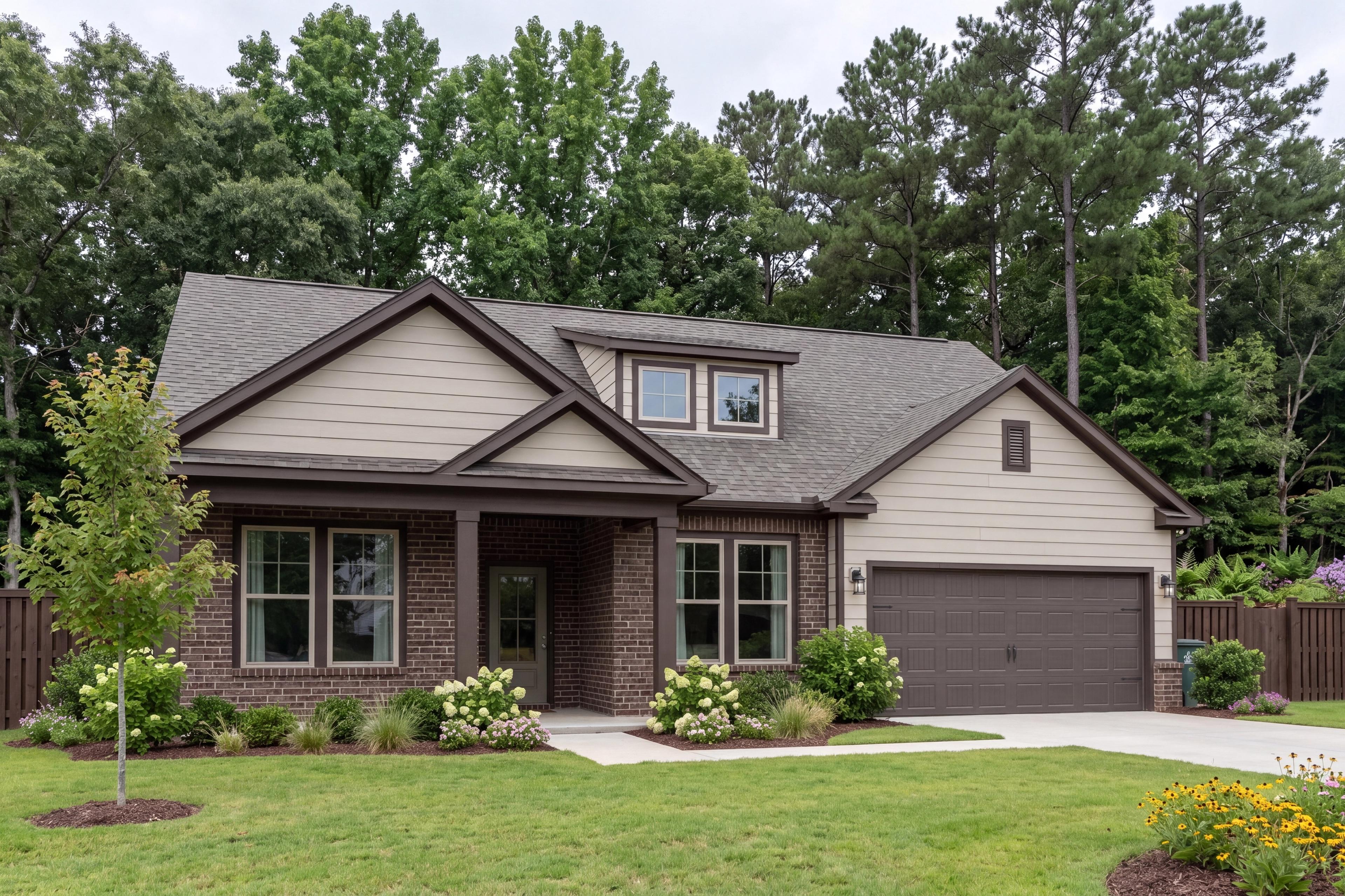 Exterior elevation of The Hibiscus E single-family home featuring cement siding, brick accents, and a spacious garage.