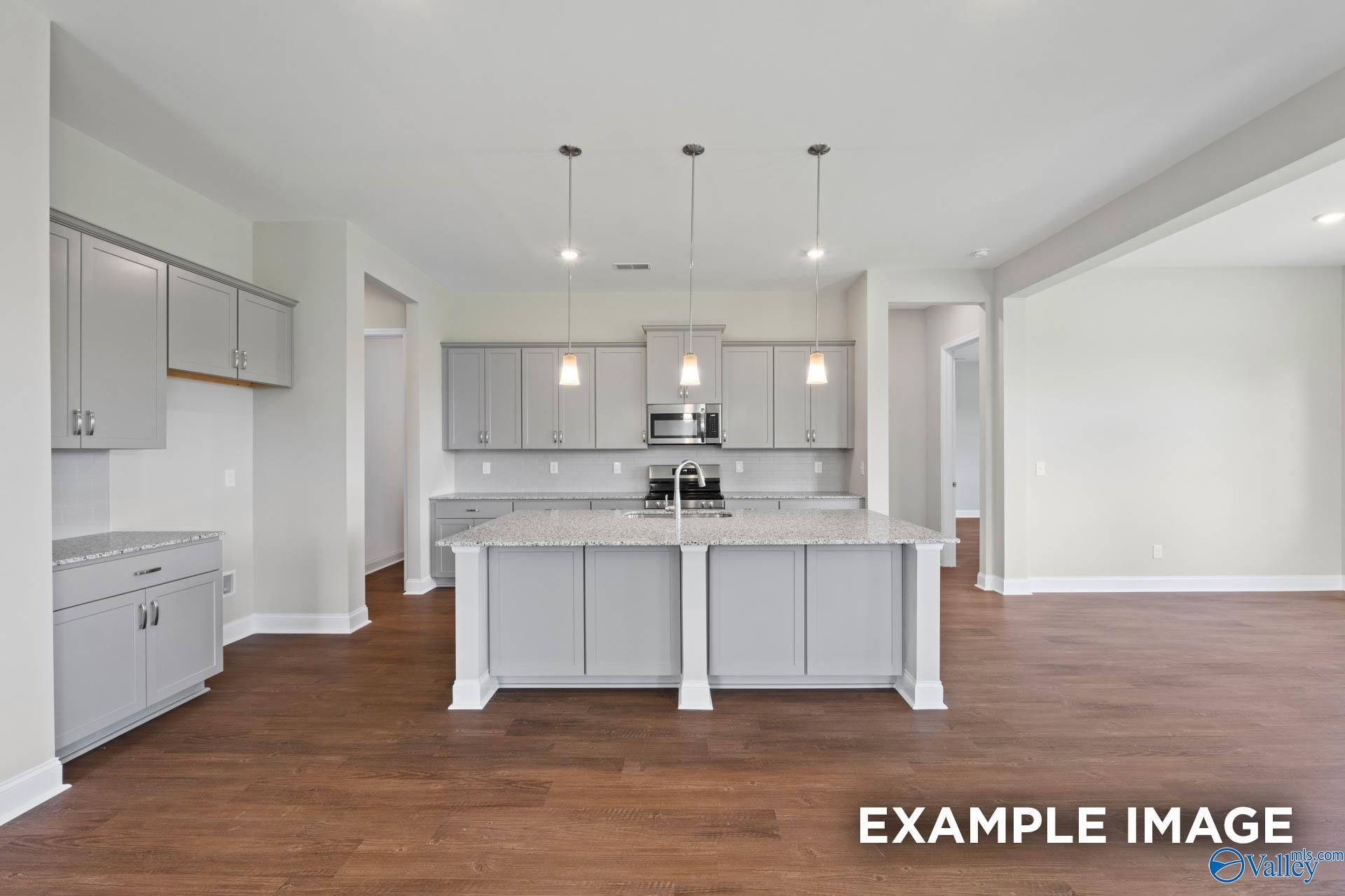 Modern open-concept kitchen with gray cabinets, large island sink, stainless appliances in Evermore Homes The Arcadia, Owens Cross Roads, AL