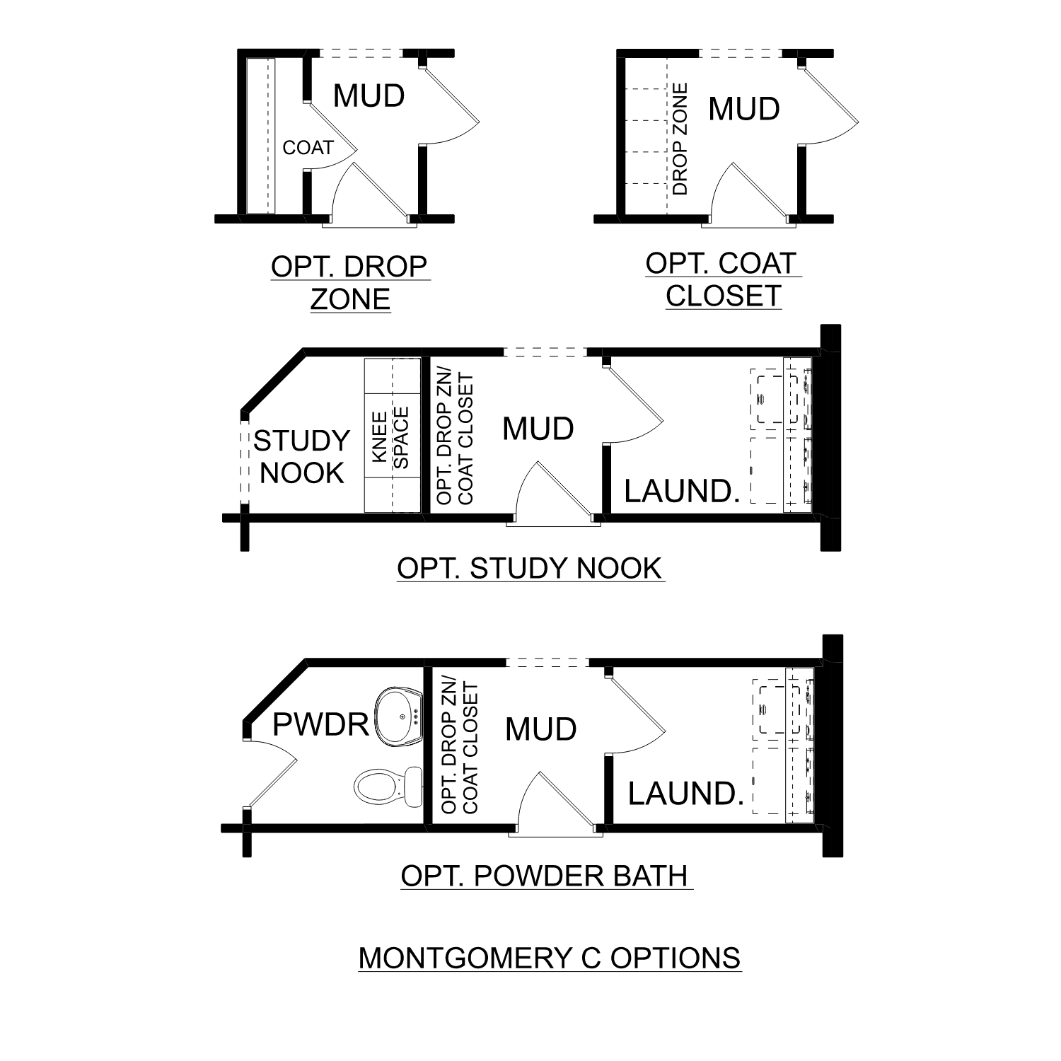 Mudroom and entry floor plan of The Montgomery home with optional drop zone, coat closet, study nook, and powder bath