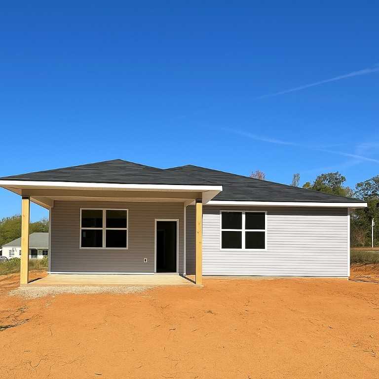 Modern gray-sided single-story home with covered front porch and windows in Silver Oak, Cusseta, Alabama by Evermore Homes