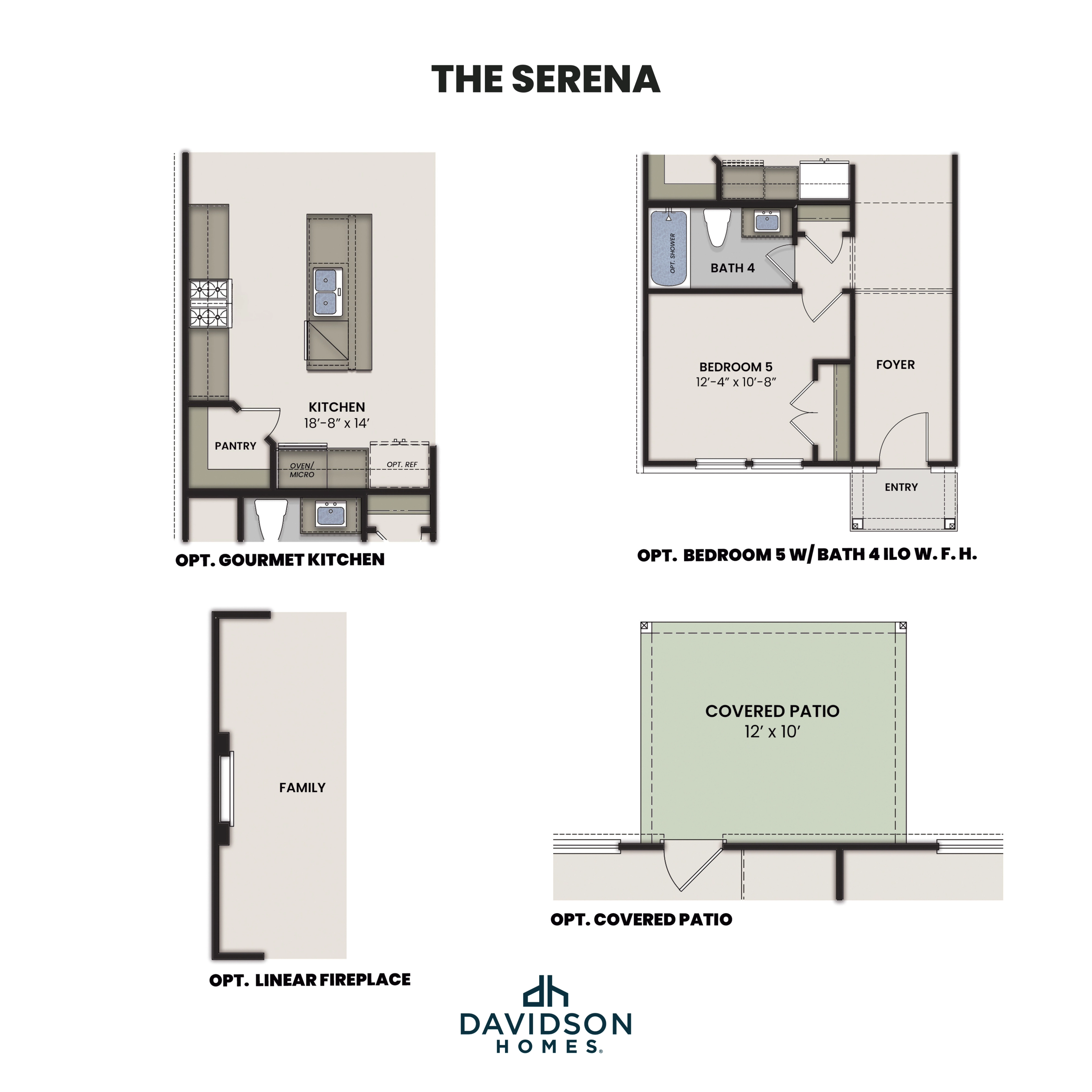 The Serena floor plan by Davidson Homes featuring optional gourmet kitchen, family room with linear fireplace, bedroom 5, bath 4, and covered patio