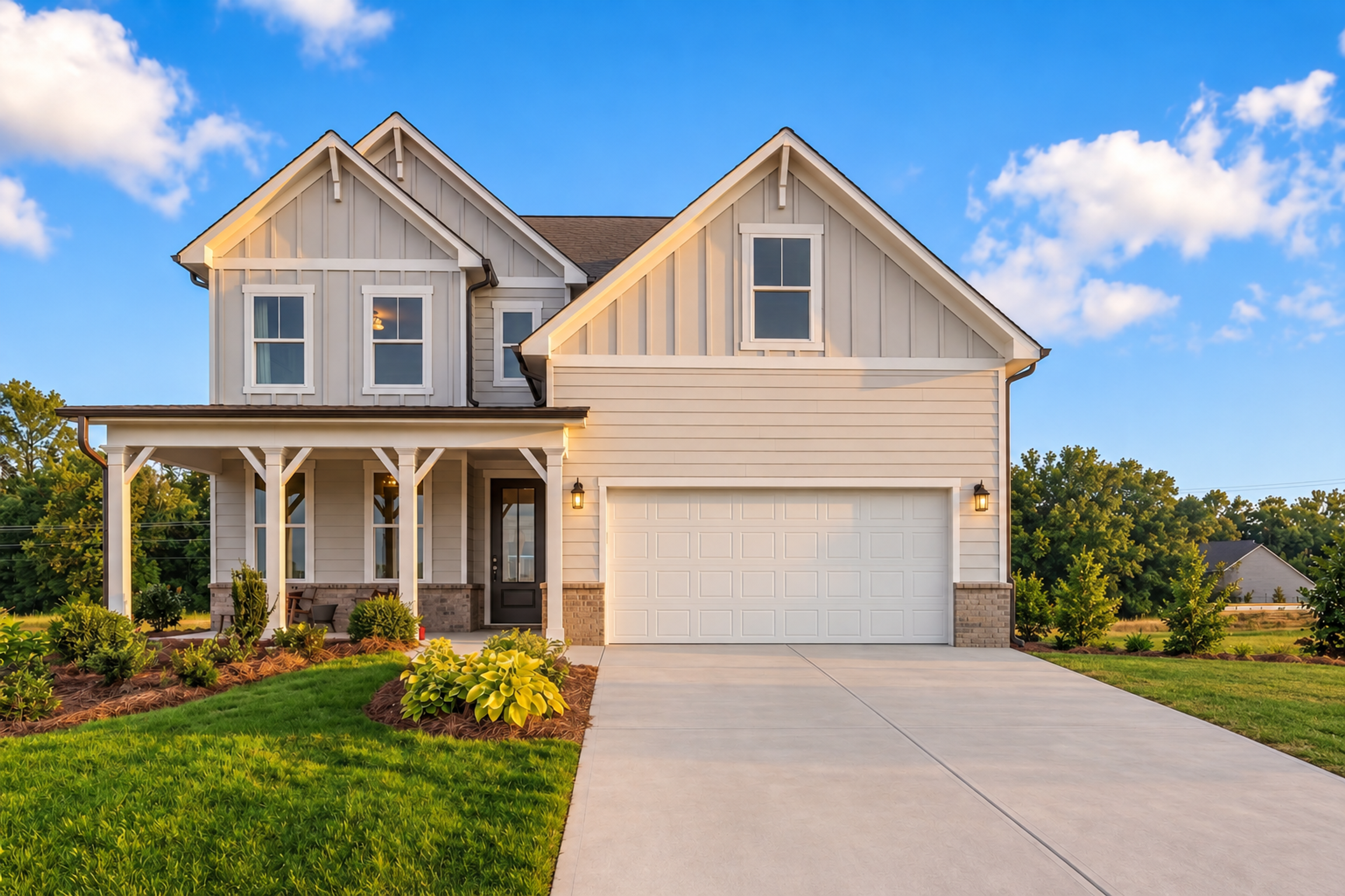Two-story new construction home exterior at Alford at Bethesda in Lawrenceville, GA by Davidson Homes with covered porch and two-car garage