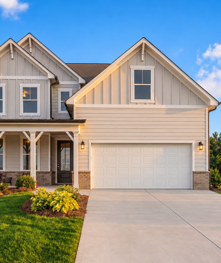 Two-story new construction home exterior at Alford at Bethesda in Lawrenceville, GA by Davidson Homes with covered porch and two-car garage