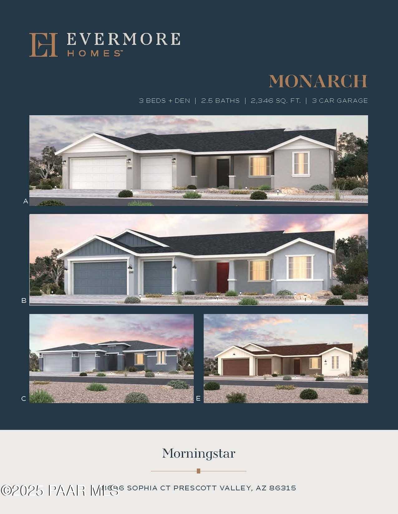 Modern 3-bedroom single-story home elevations A, B, C with 3-car garage in Evermore Homes Monarch B, Morningstar, Prescott Valley, AZ