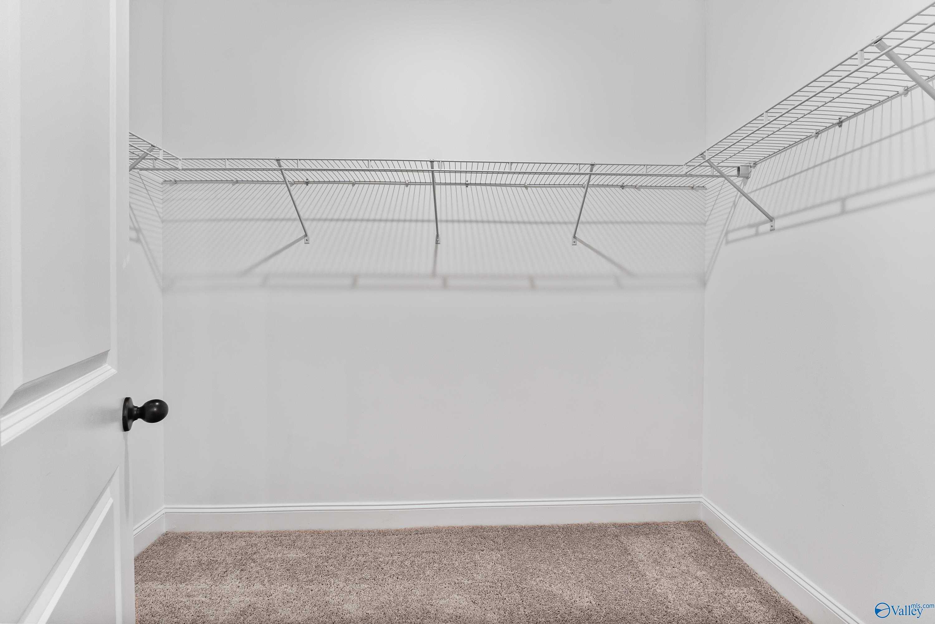 Spacious walk-in closet with wire shelving and carpeted floor in Davidson Homes The Franklin B, Hazel Green, AL