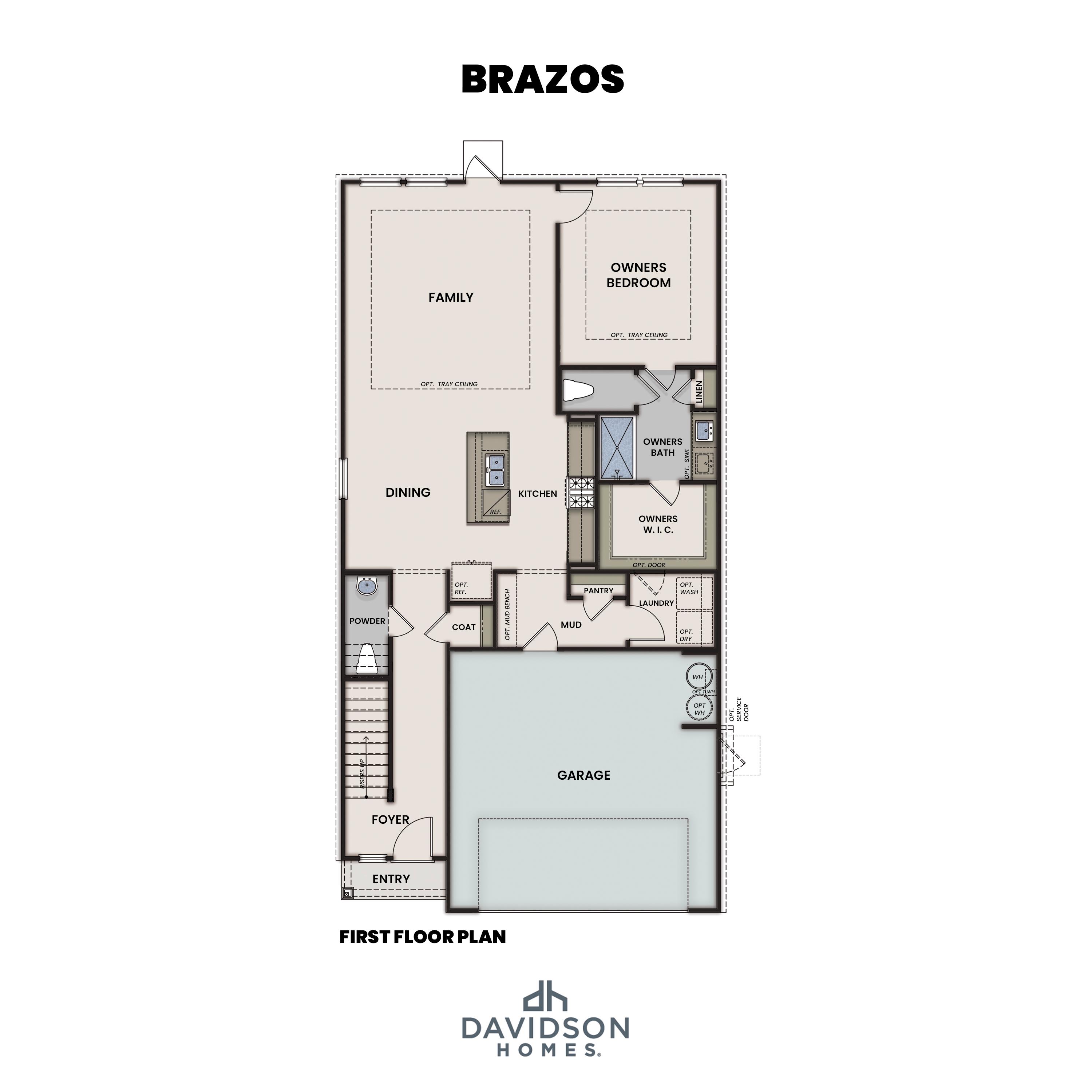 First floor plan of The Brazos E by Davidson Homes: primary suite on main, open kitchen, family room, dining, and 2-car garage