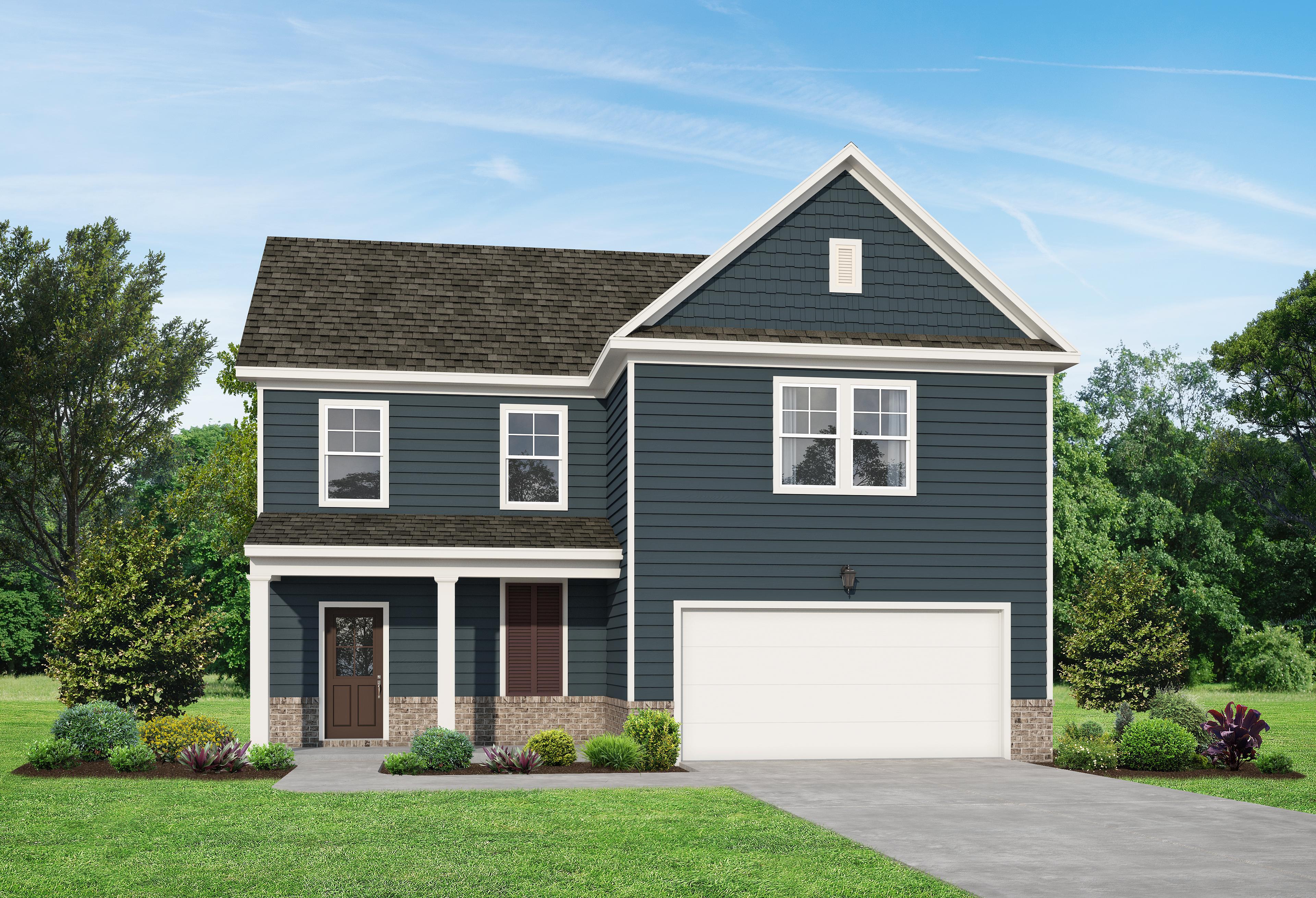 Two-story Gordon C home elevation: navy blue siding, covered front porch, 2-car garage, lush landscaping in White House, TN