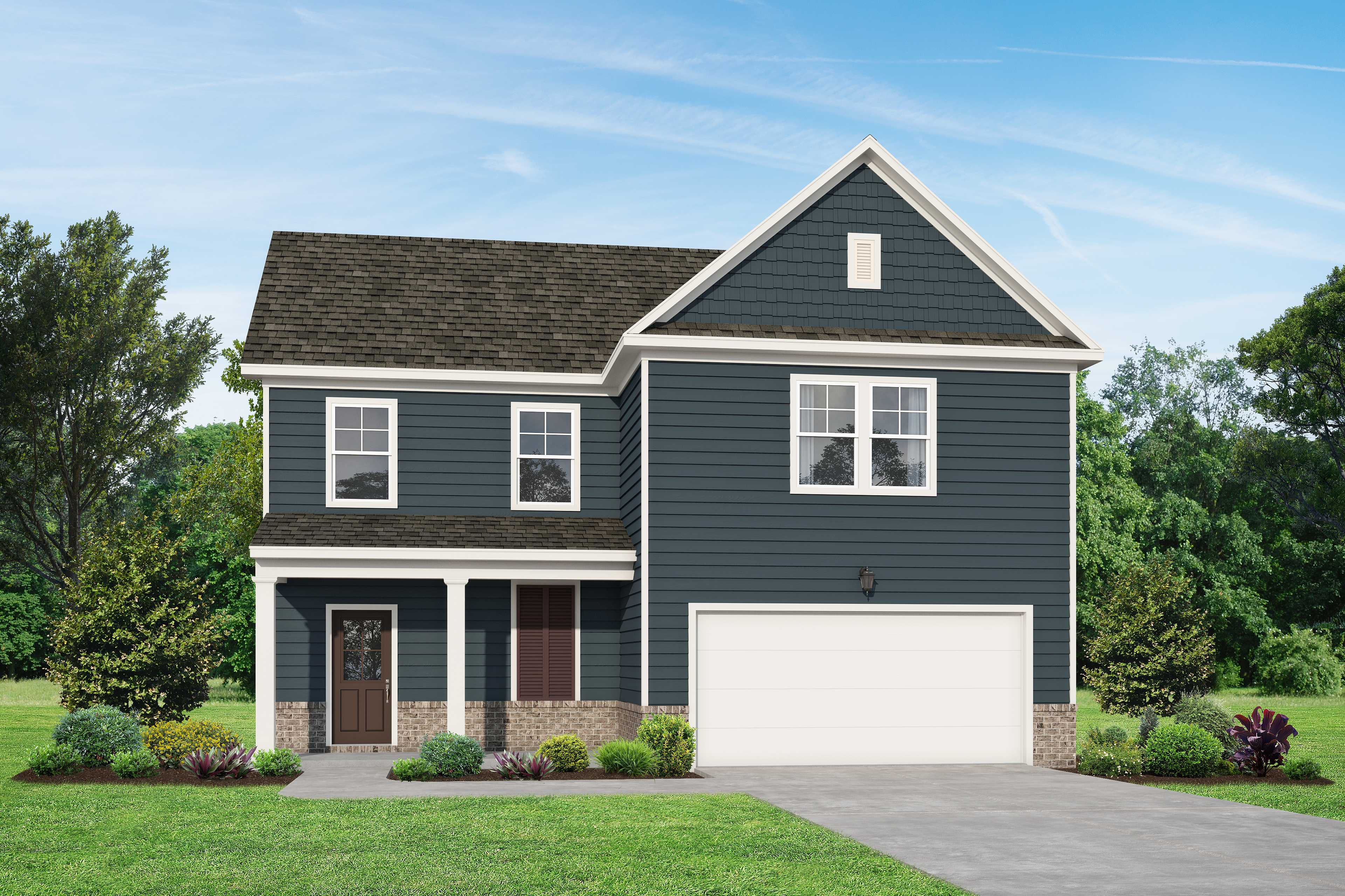 Two-story Gordon C home elevation: navy blue siding, covered front porch, 2-car garage, lush landscaping in White House, TN