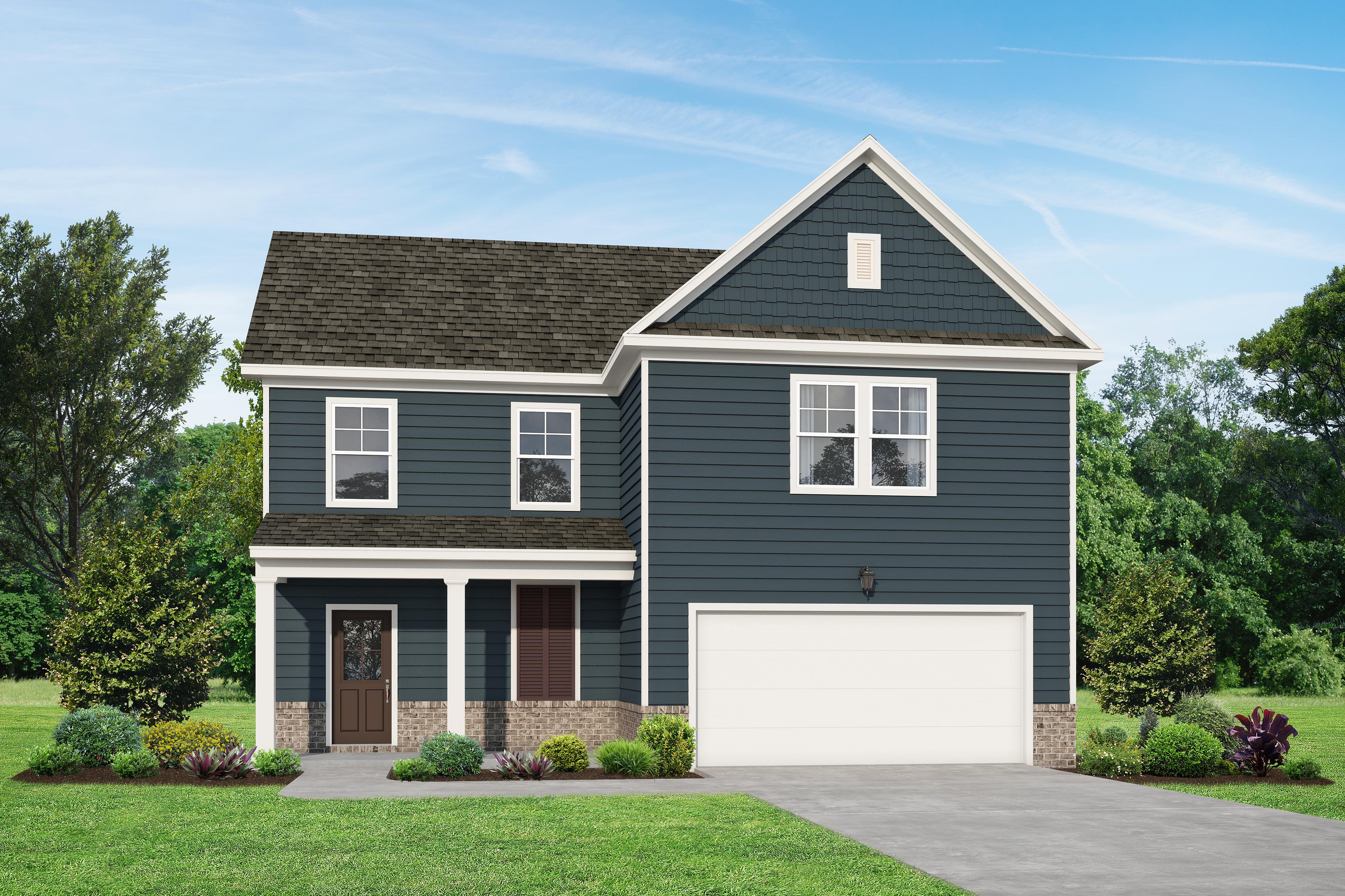 Two-story Gordon C home elevation: navy blue siding, covered front porch, 2-car garage, lush landscaping in White House, TN