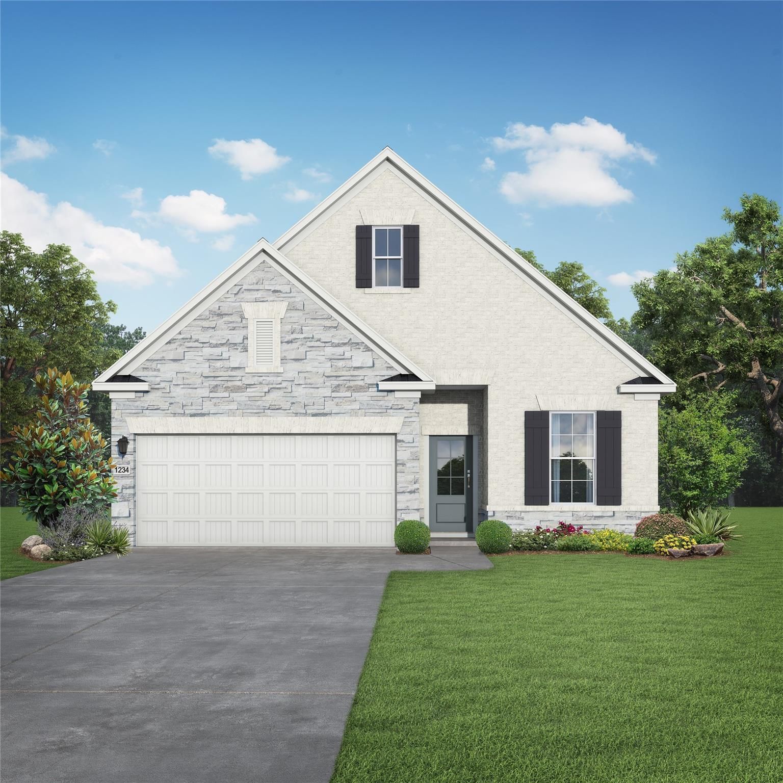 Modern 1-story white home with gray stone accents, black shutters, 2-car garage, and landscaped yard in Sunterra, Katy, Texas