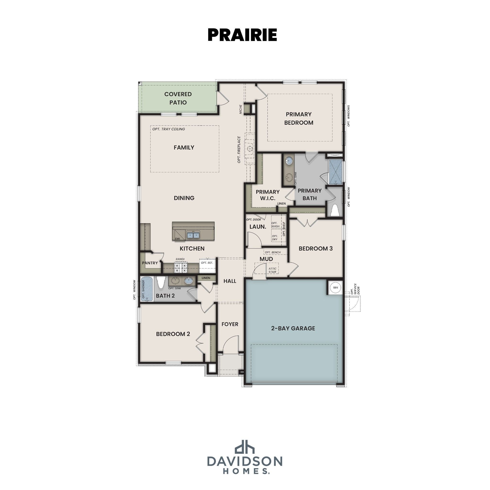 The Prairie C floor plan: 3-bedroom, 2-bath, 1,679 sq ft single-story home with open kitchen, family room, 2-car garage by Davidson Homes in Gallatin, TN