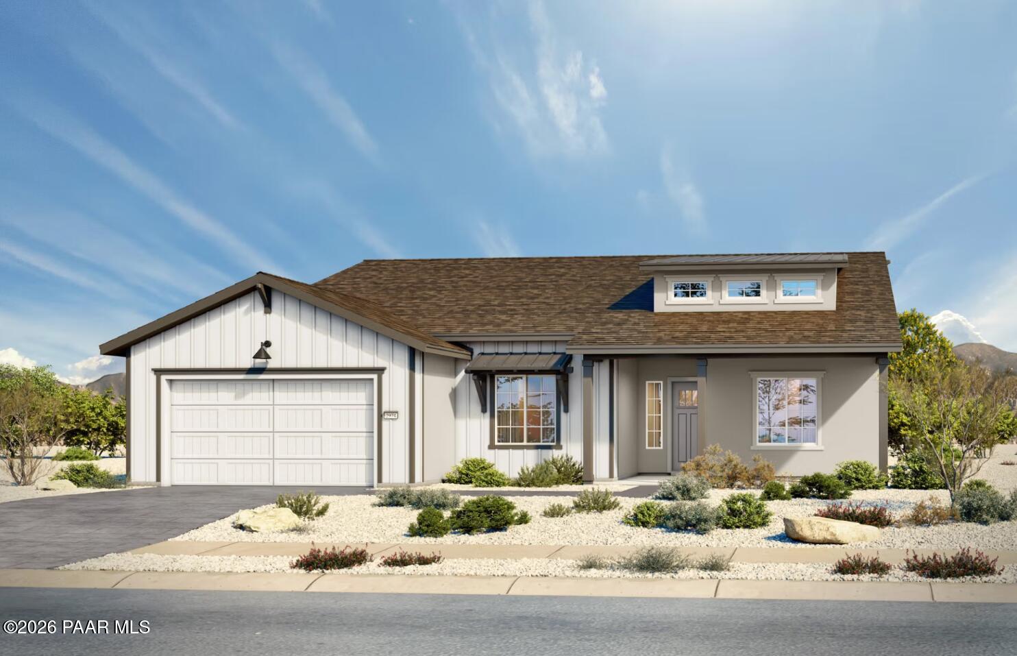 Modern single-story Soleil E home by Davidson Homes in Hidden Hills, Prescott, AZ: 3-car garage, desert landscaping, mountain views