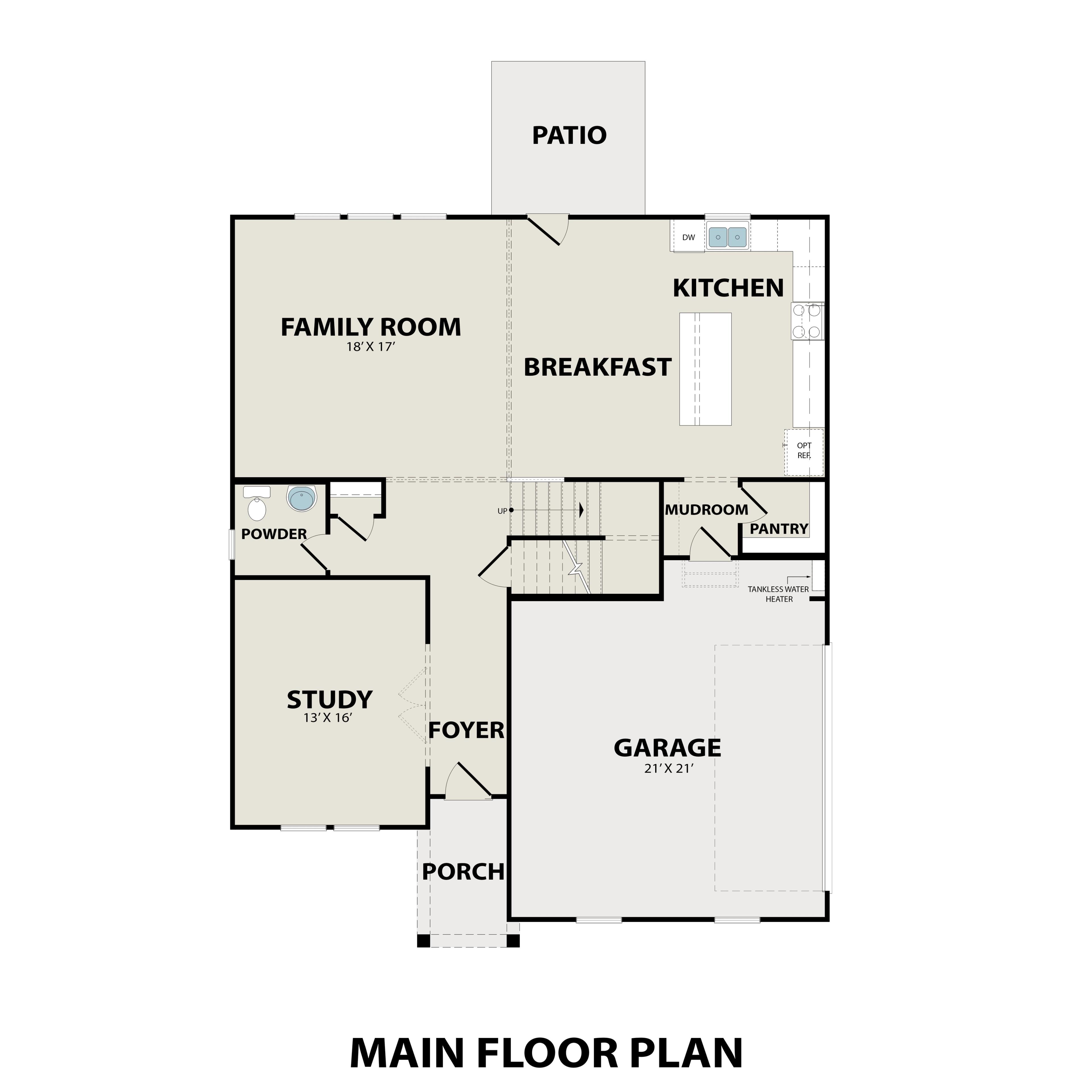 Main floor plan of The Henry A by Davidson Homes featuring open family room, gourmet kitchen, study, and two-car garage