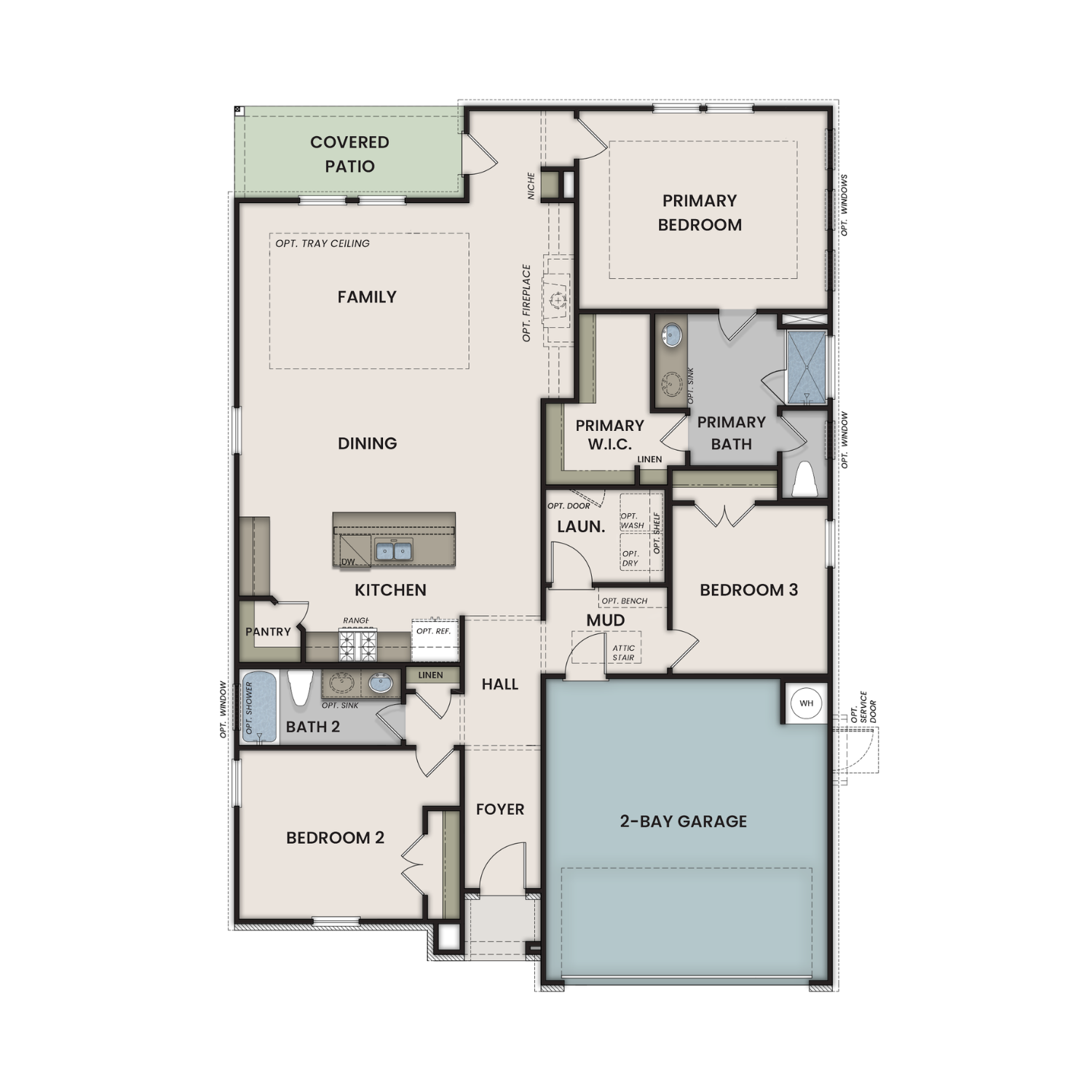 The Prairie 3-bedroom floor plan by Davidson Homes: open kitchen, primary suite, family room, covered patio, and 2-car garage