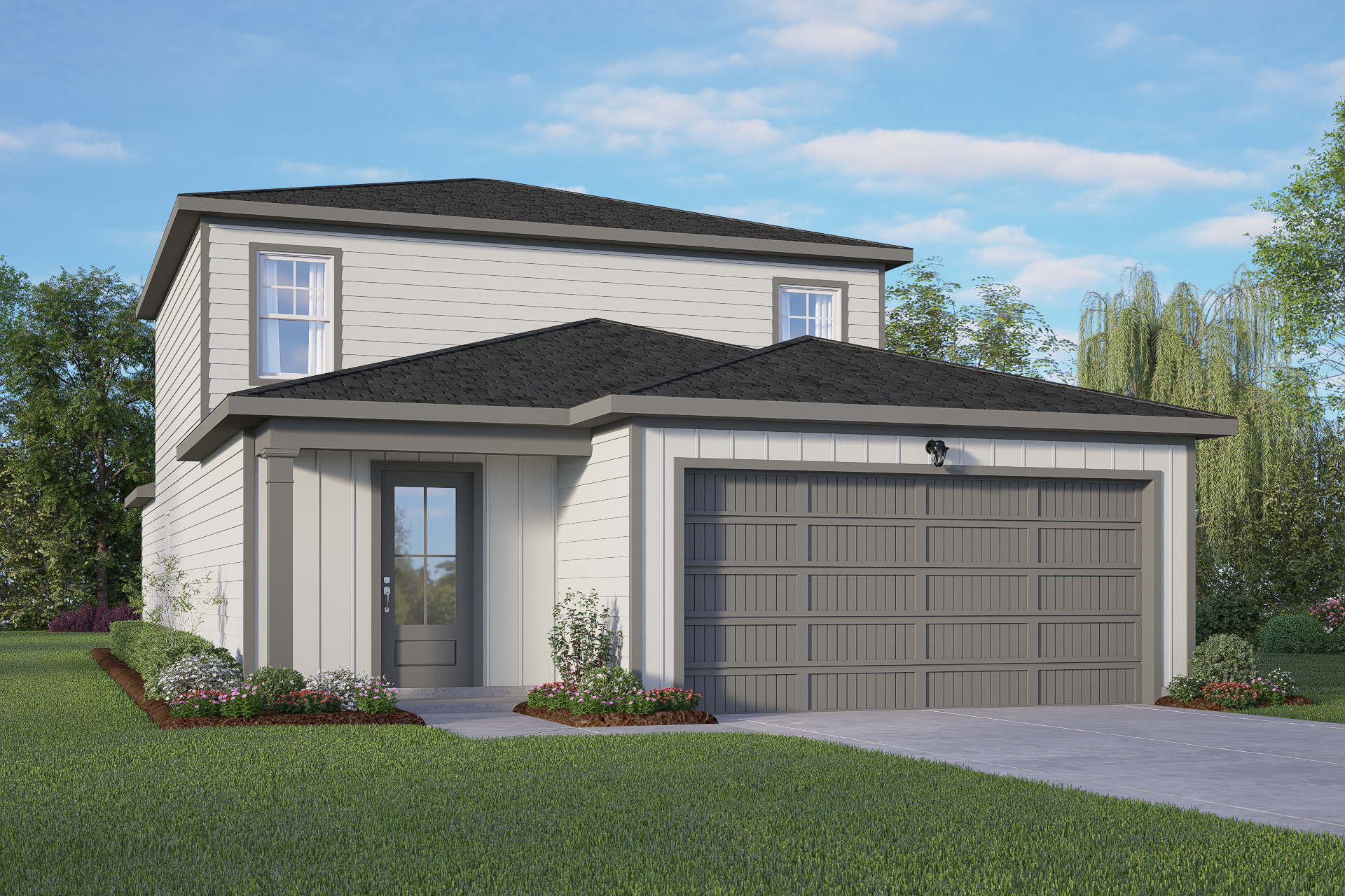 Contemporary 2-story Sabine A home elevation by Davidson Homes, white siding, 2-car garage, landscaped yard, San Antonio