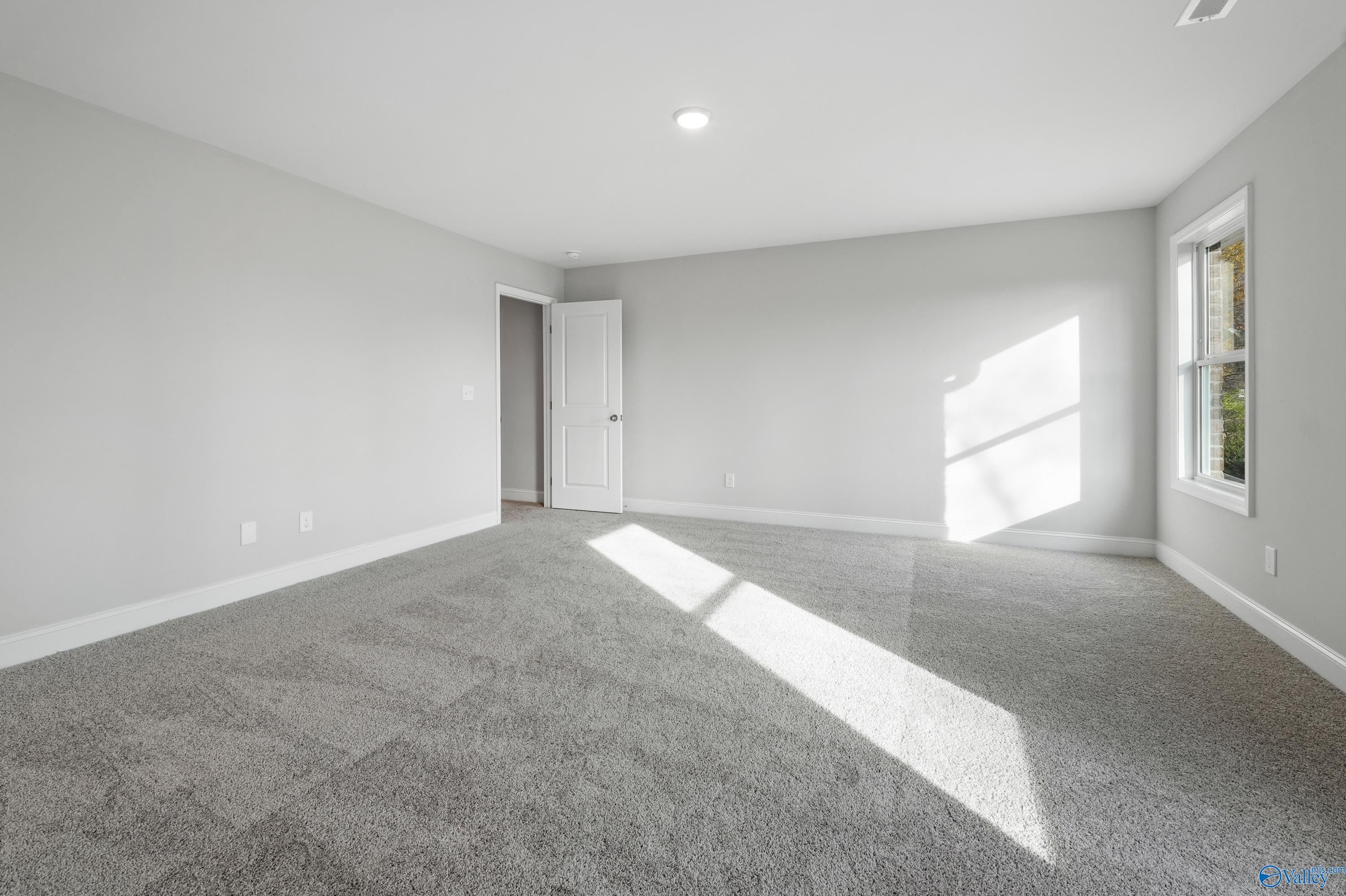 Bright secondary bedroom with gray walls, plush carpet, and sunlight streaming through window in Davidson Homes The Camden B, Huntsville