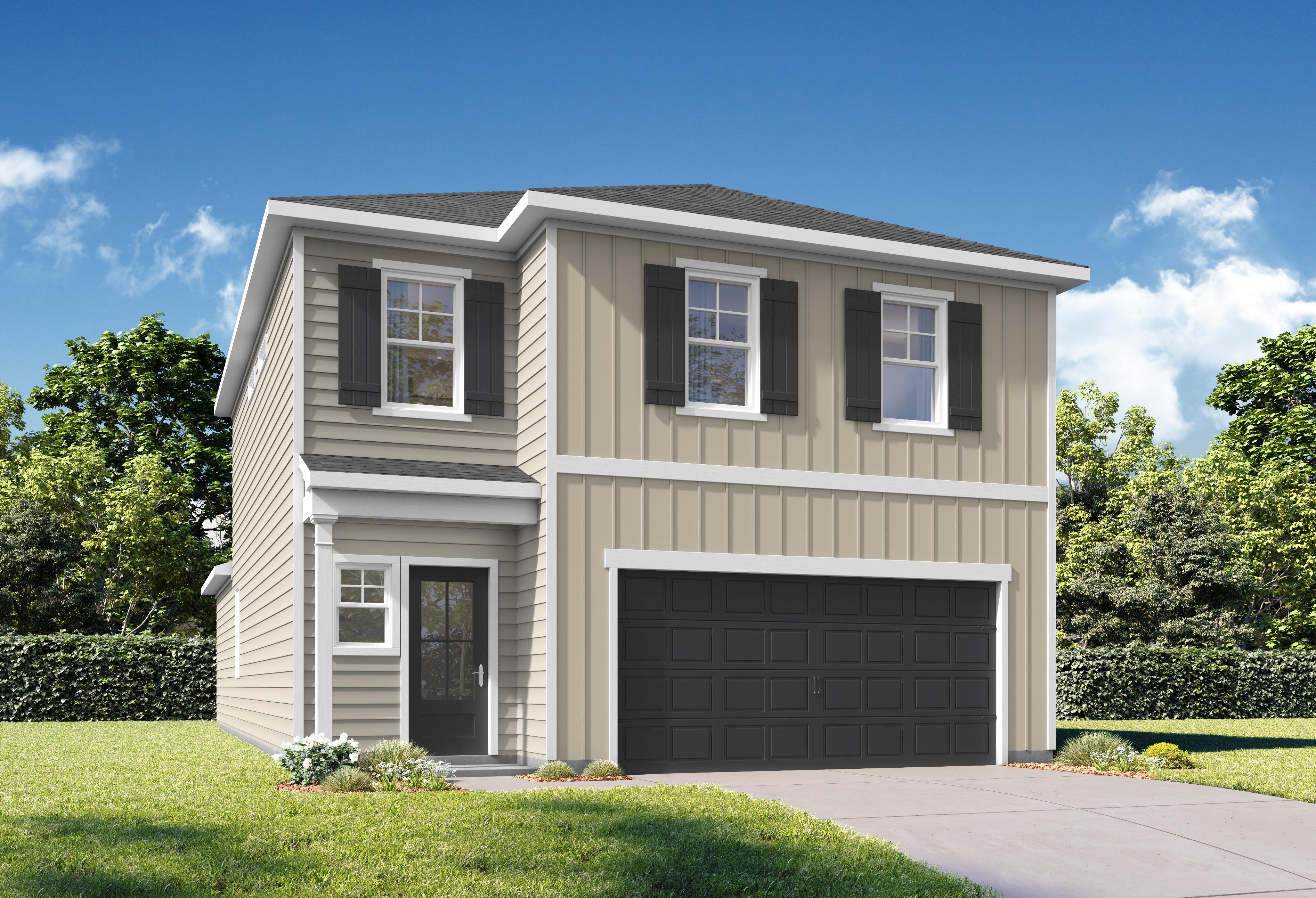 Two-story The Meadowbrook A home elevation with board and batten siding, dark roof, 2-car garage, covered porch, and lush landscaping