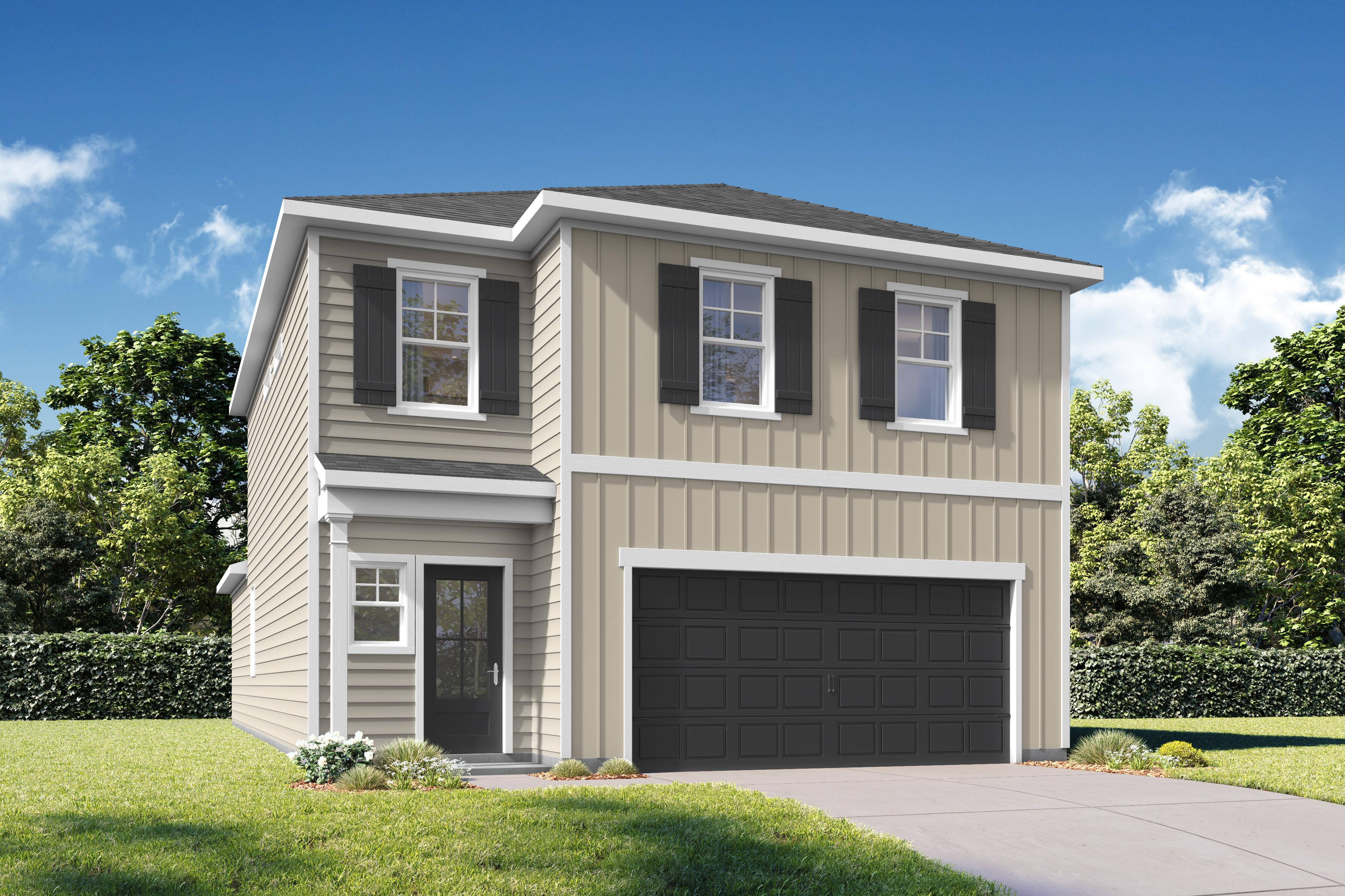 Two-story The Meadowbrook A home elevation with board and batten siding, dark roof, 2-car garage, covered porch, and lush landscaping