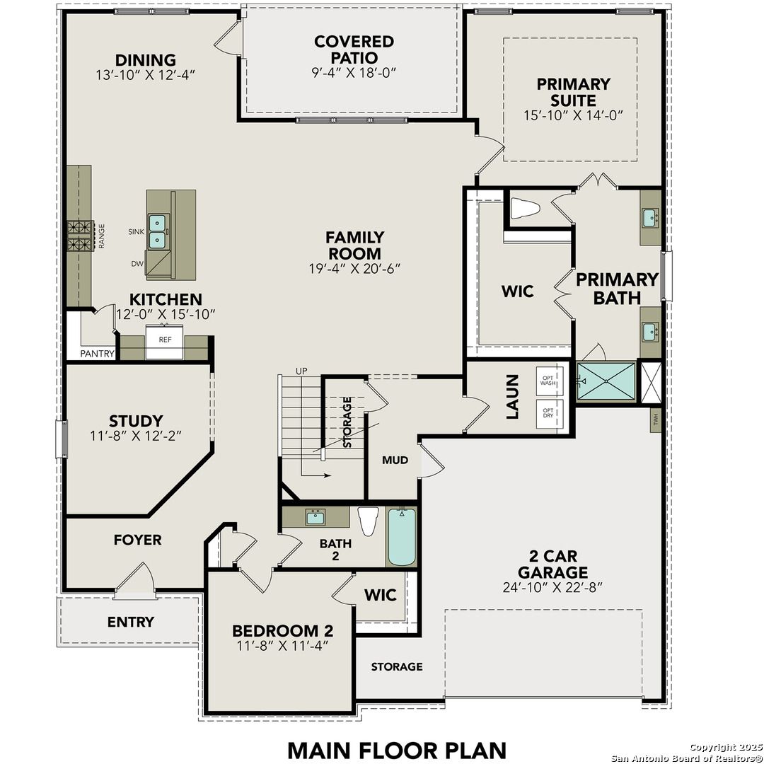 Main floor plan of The Jennings G: open kitchen, family room, primary suite, study, 2-car garage in 5-bed Davidson Homes, Castroville, TX