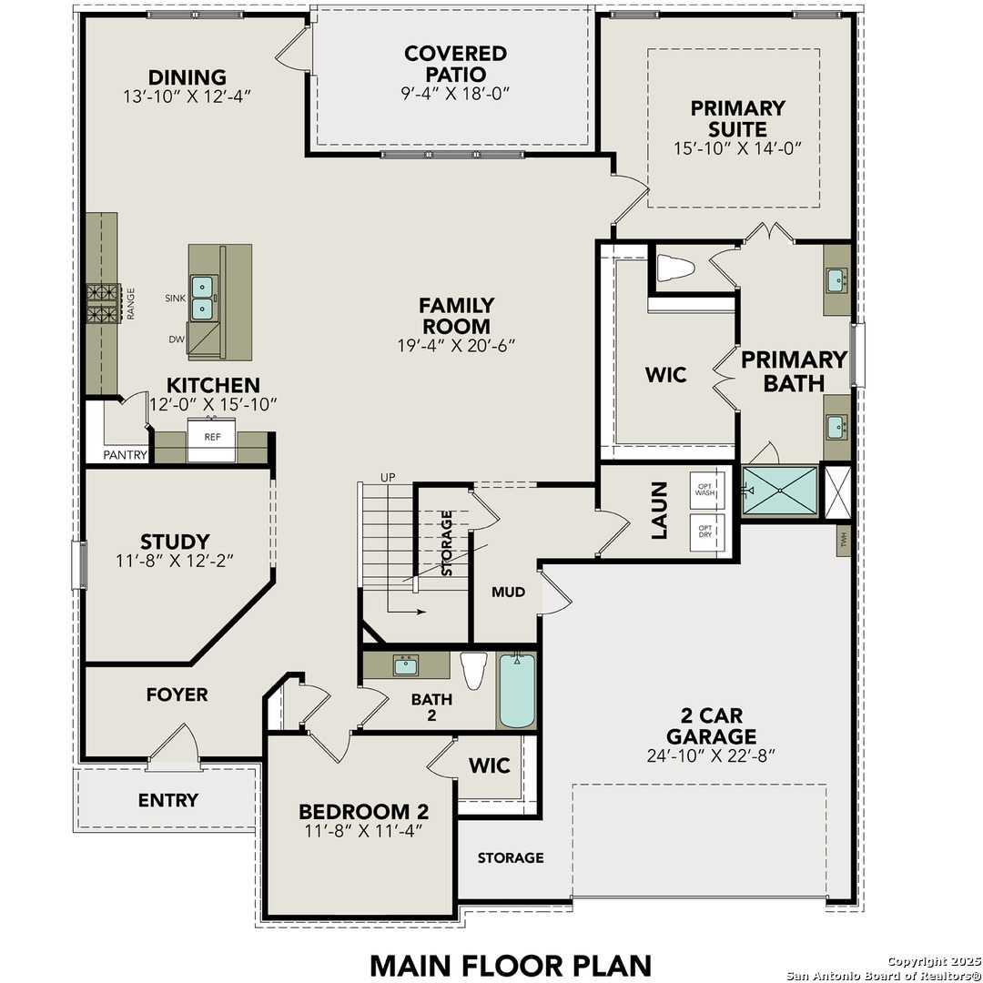 Main floor plan of The Jennings G: open kitchen, family room, primary suite, study, 2-car garage in 5-bed Davidson Homes, Castroville, TX