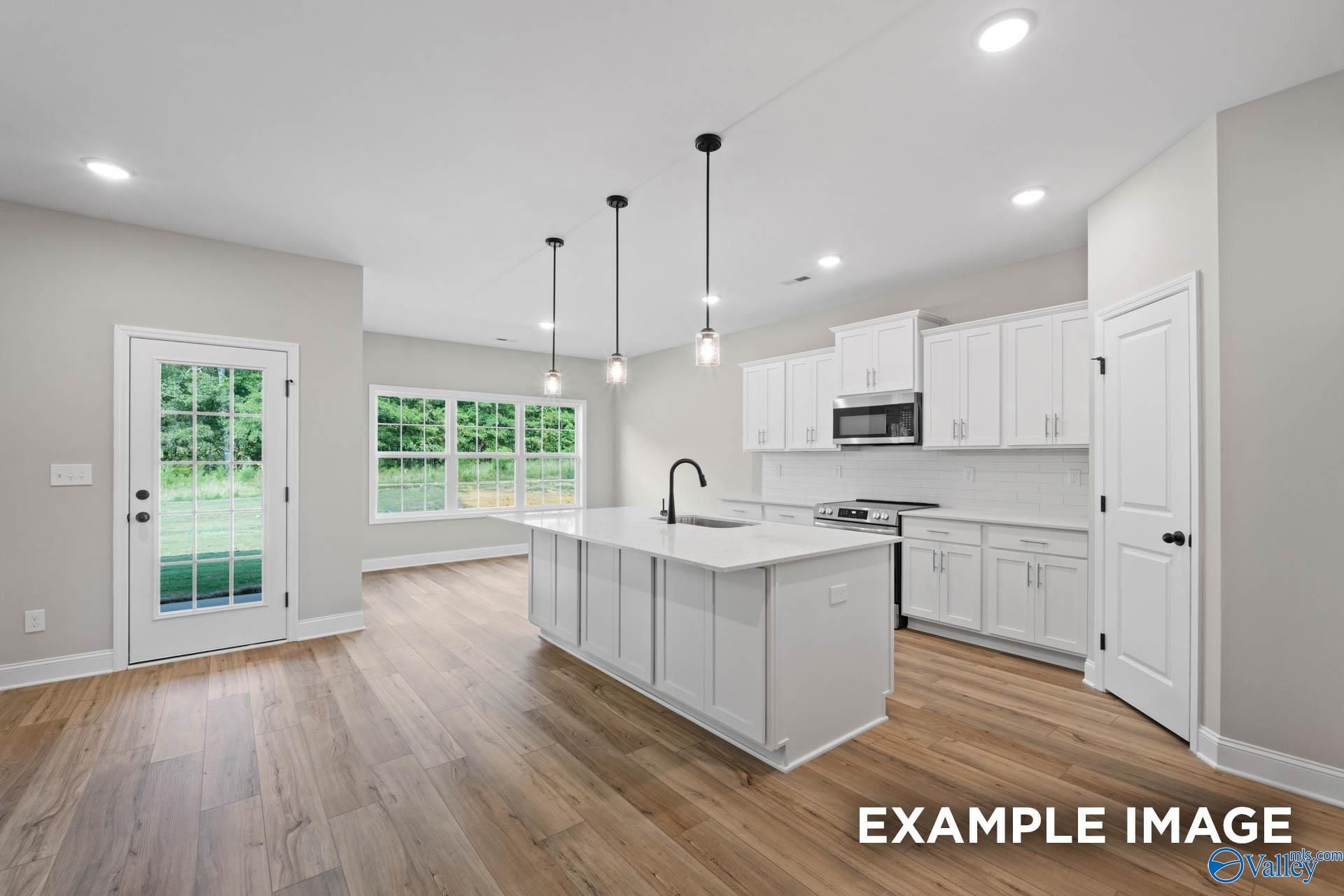 Modern open-concept kitchen with white island, stainless appliances, pendant lights, and French doors to green yard in Davidson Homes Montgomery B, Toney, AL