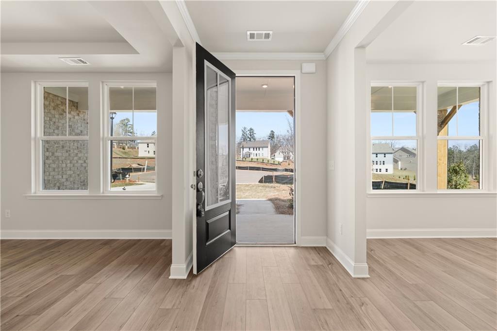 Bright entryway with open black front door, hardwood floors, and large windows overlooking neighborhood in The Danbury C, Buford, Georgia