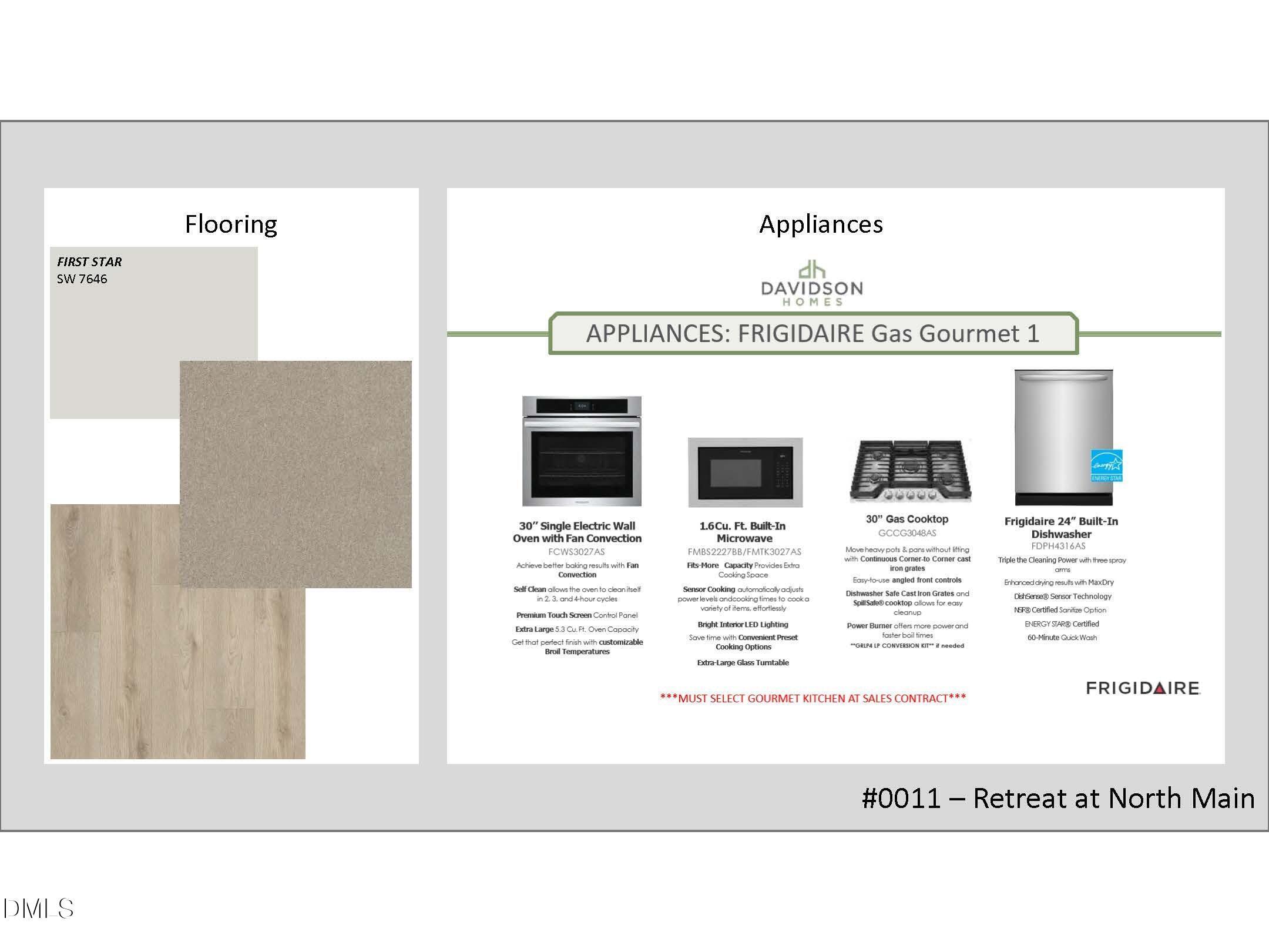 Davidson Homes Magnolia B flooring samples in neutral gray and Frigidaire gourmet appliances for Retreat at North Main, Lillington NC