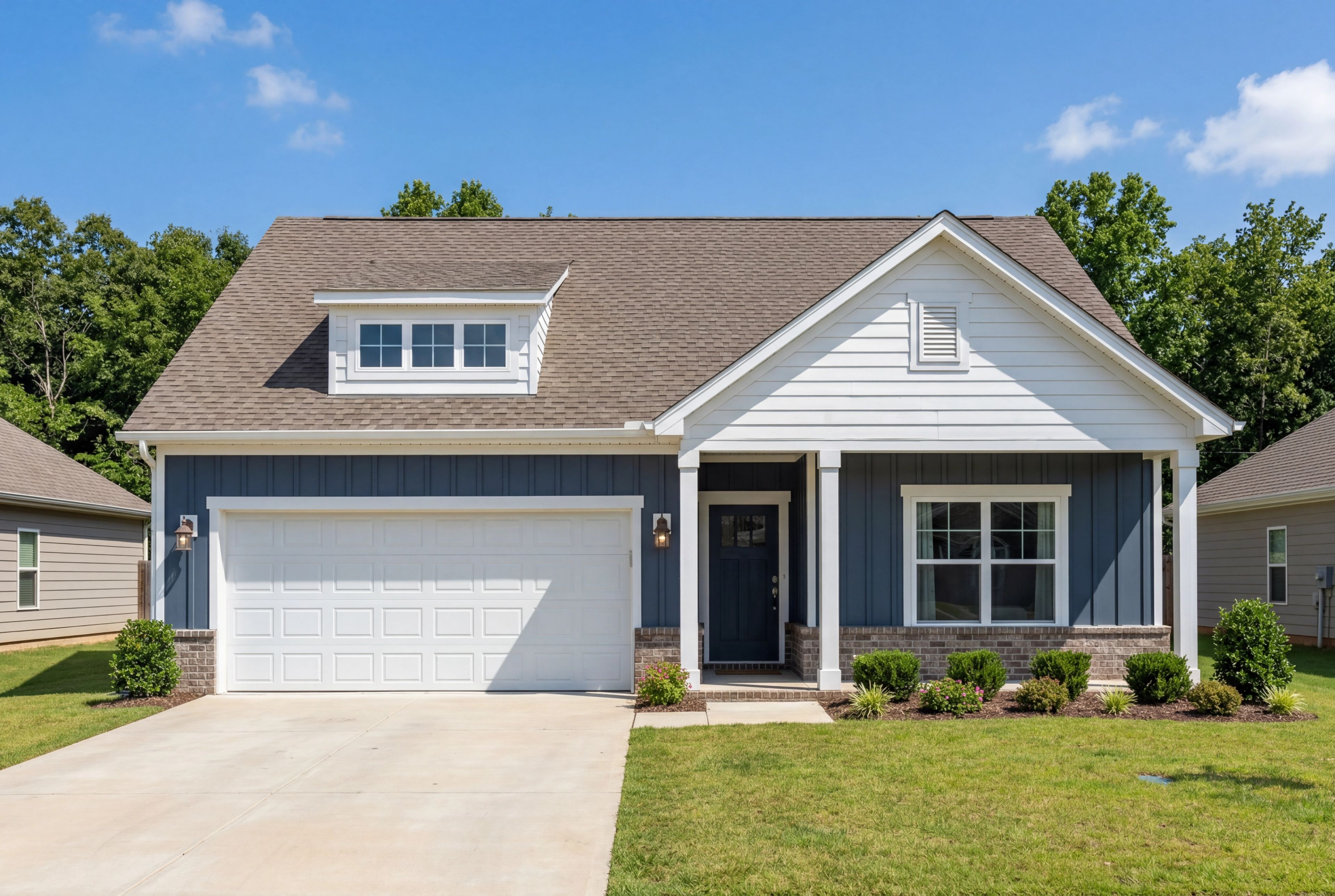 The Franklin E 1-story home design by Davidson Homes featuring blue siding, white trim, and an attached 2-car garage.