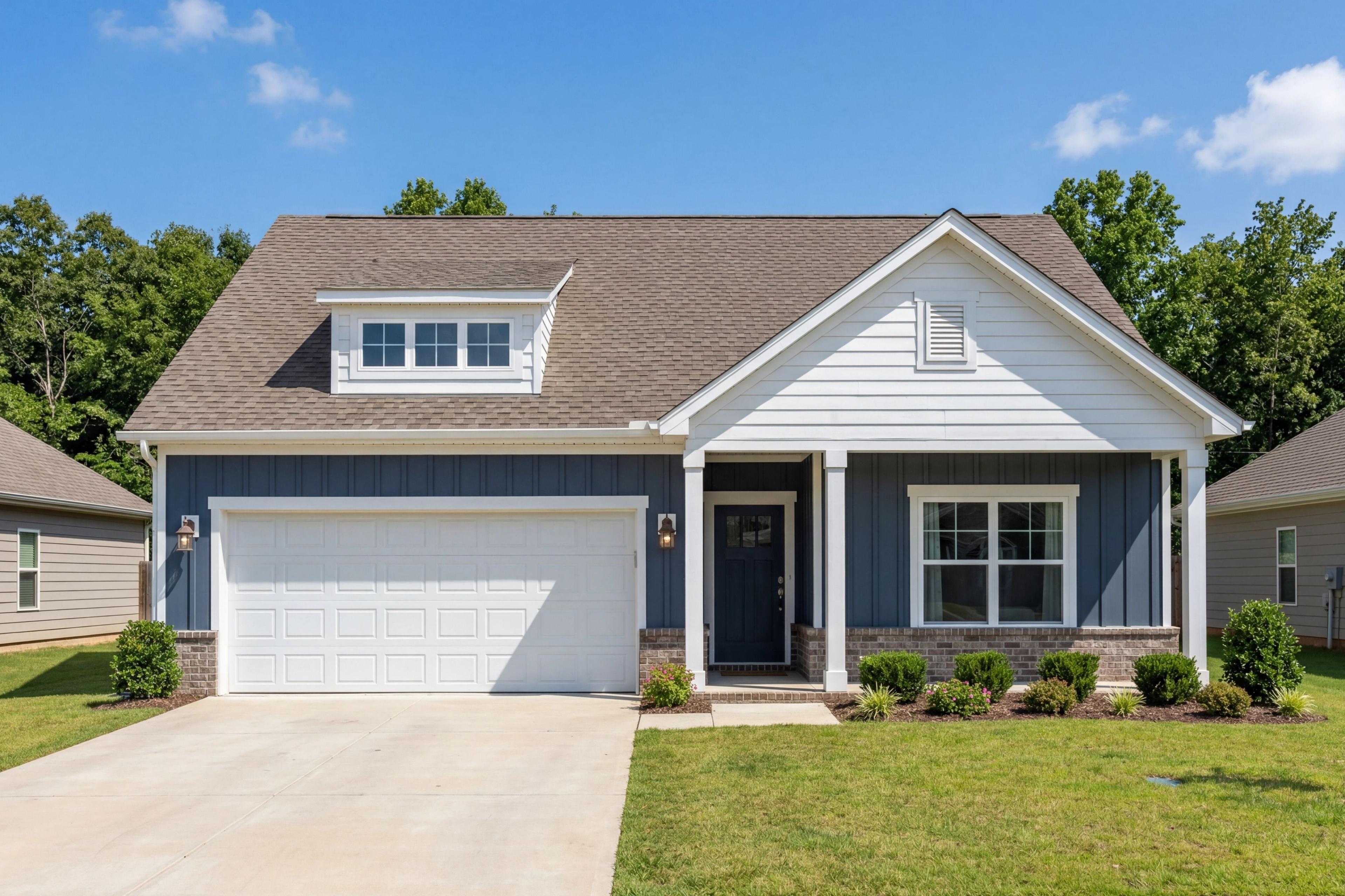 The Franklin E 1-story home design by Davidson Homes featuring blue siding, white trim, and an attached 2-car garage.