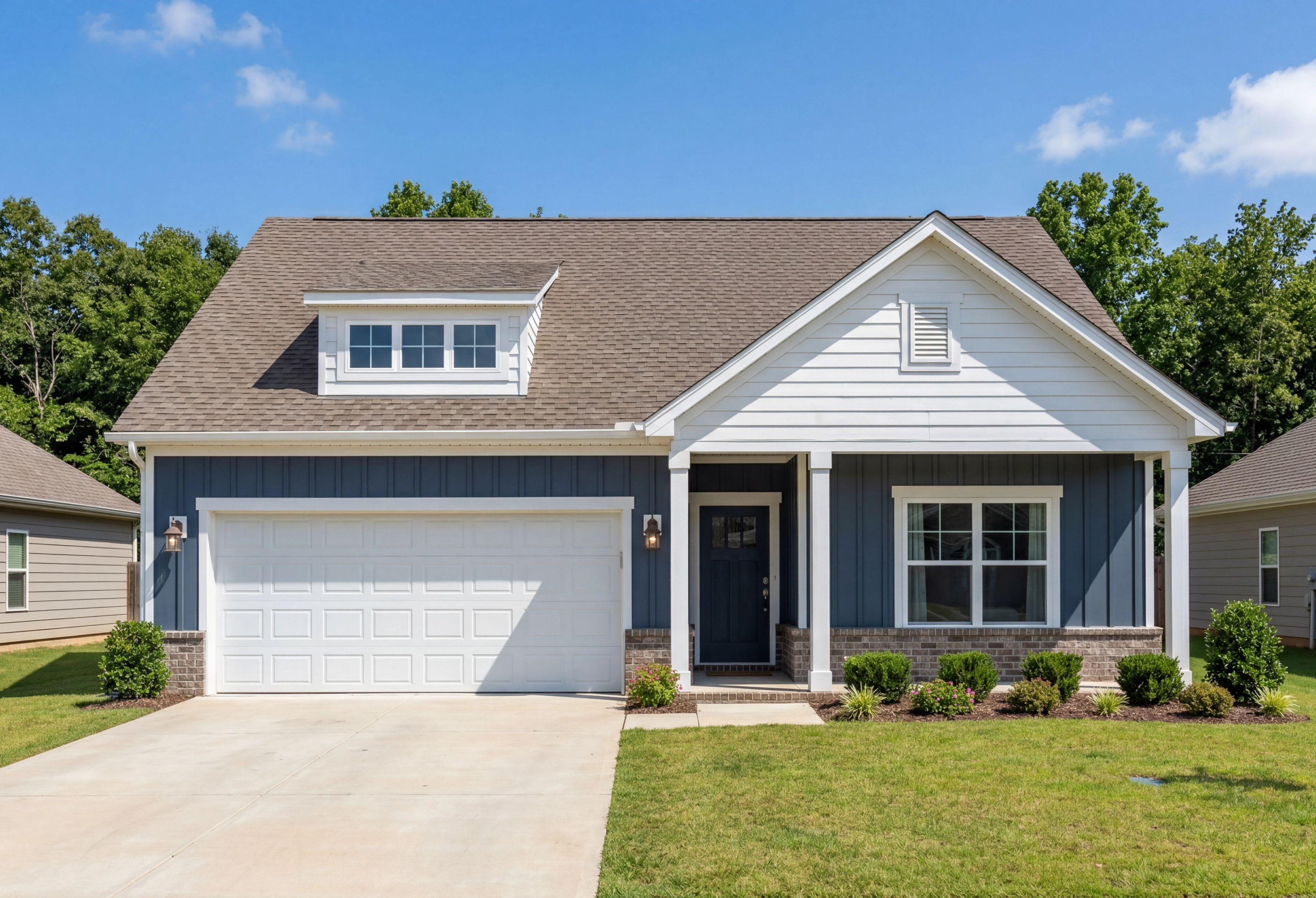 The Franklin E 1-story home design by Davidson Homes featuring blue siding, white trim, and an attached 2-car garage.