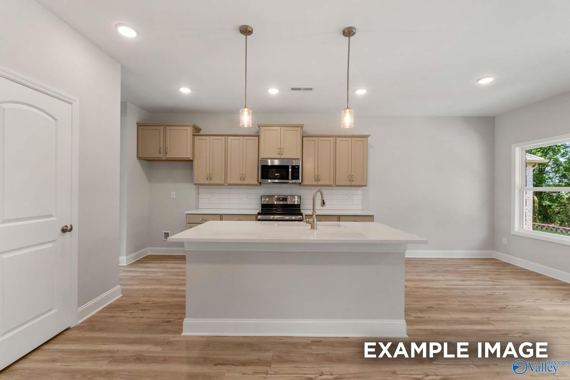 Modern kitchen featuring white island, stainless appliances, subway tile backsplash, and hardwood floors in The Shelby C, Meridianville