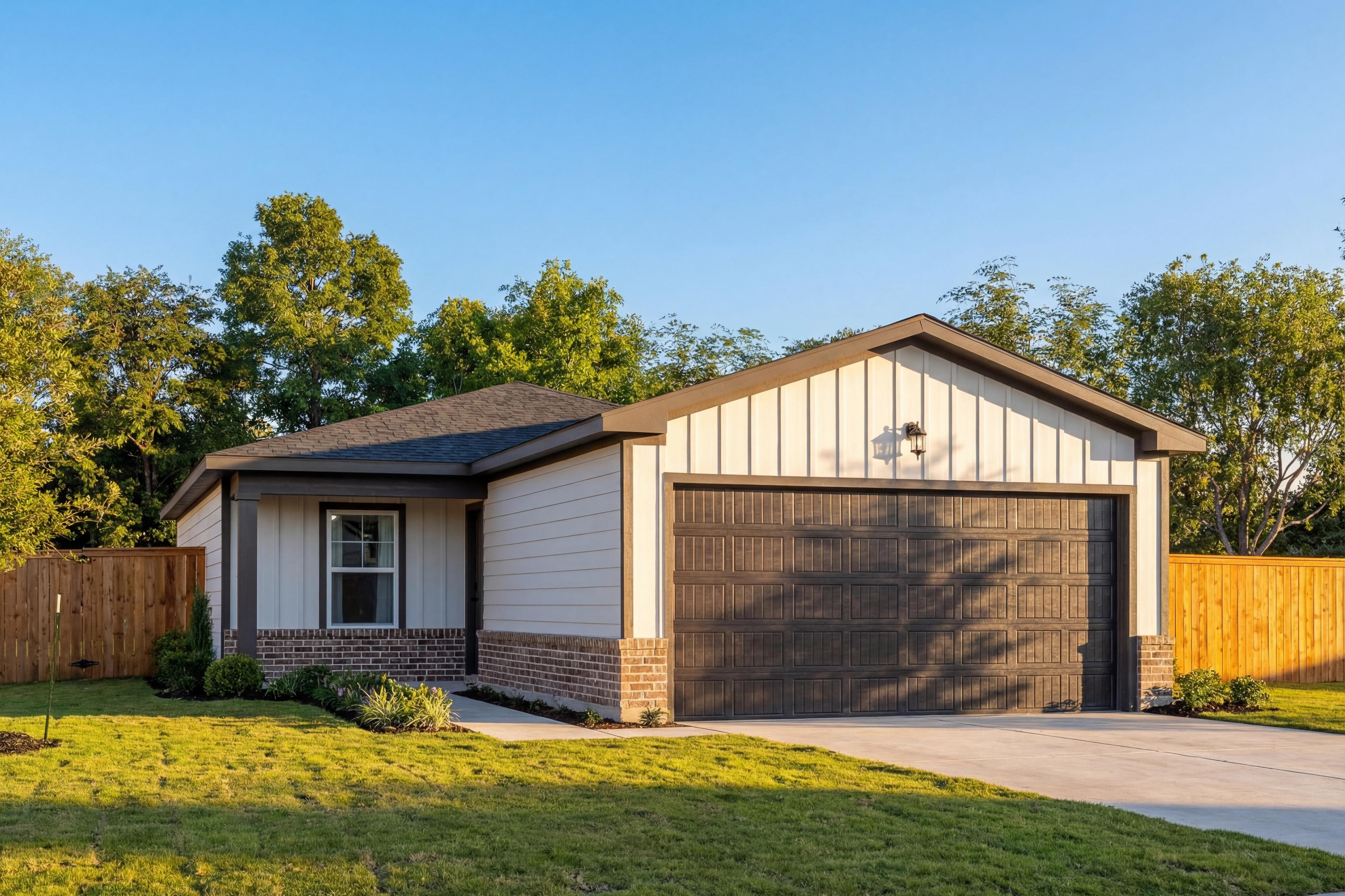 Modern single-story elevation of The Comal B with white siding, brick accents, dark 2-car garage, and landscaped yard in San Antonio