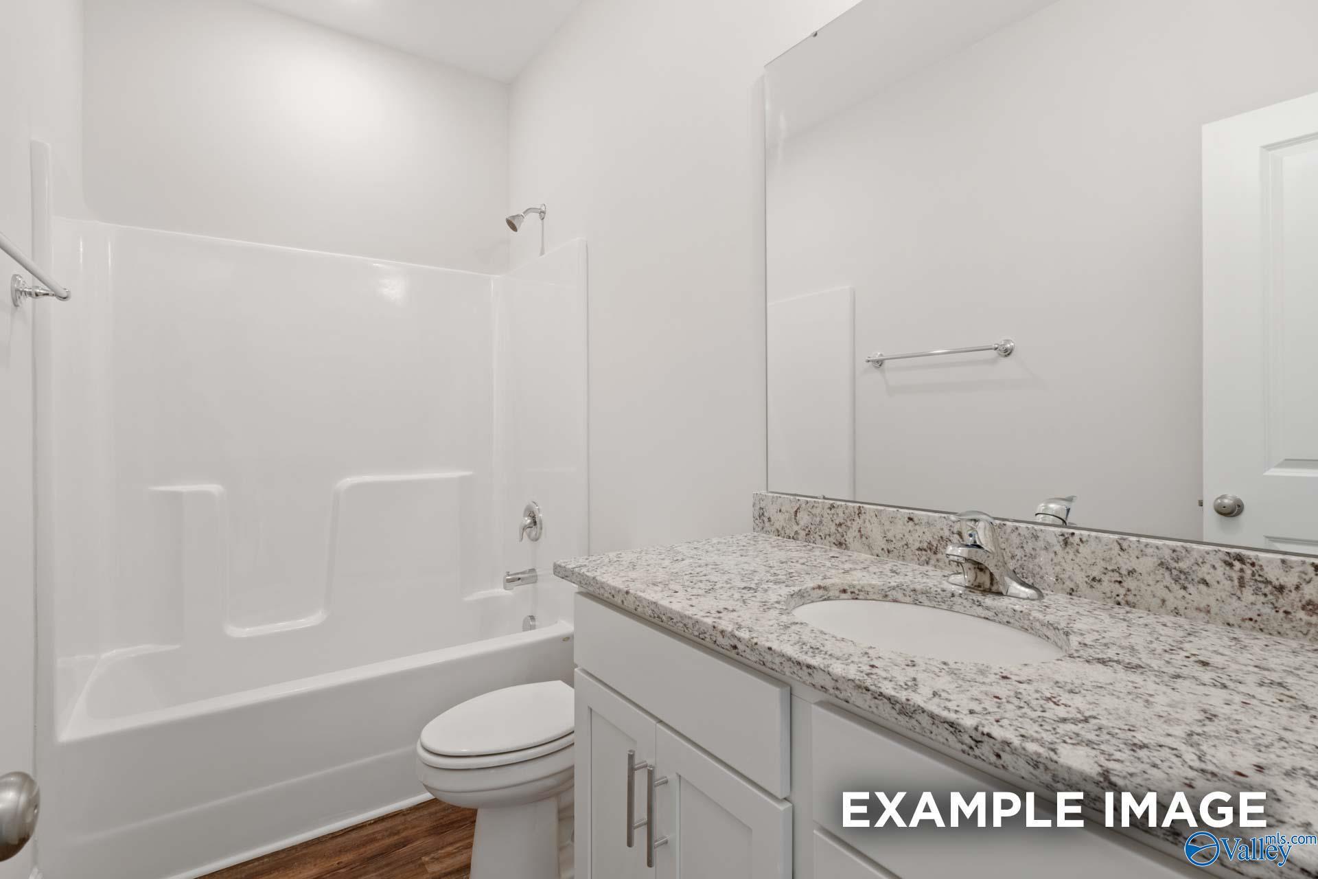 Modern bathroom with white tile tub-shower combo, granite vanity, large mirror in Davidson Homes The Asheville C, Meridianville, Alabama