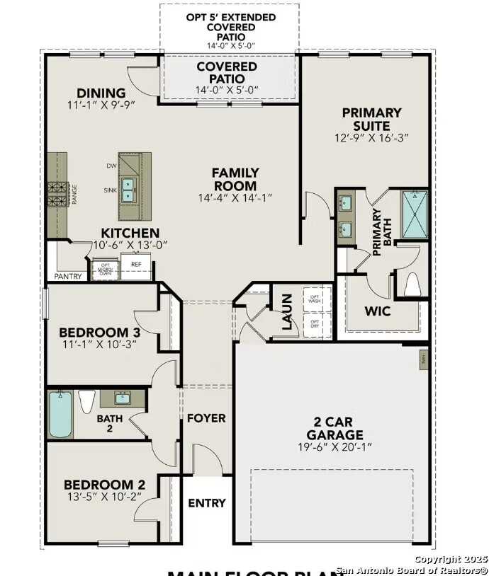 The Asheville E floor plan: 3-bed, 2-bath, 1,428 sq ft layout with open kitchen, family room, primary suite, 2-car garage in Horizon Pointe, Converse, TX
