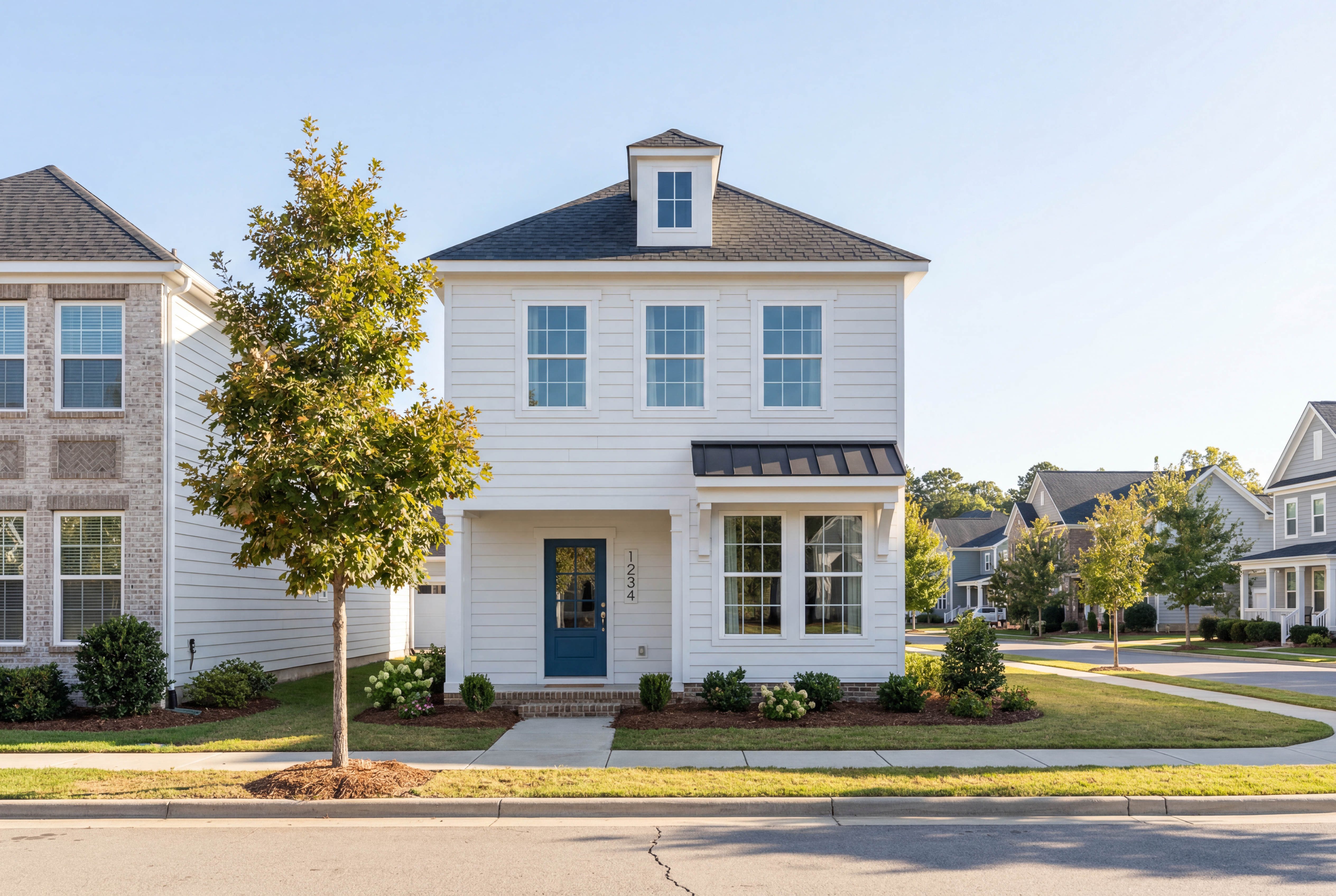Two-story Alexander C home elevation with white siding, black roof, blue door, and landscaped yard in Knightdale, NC