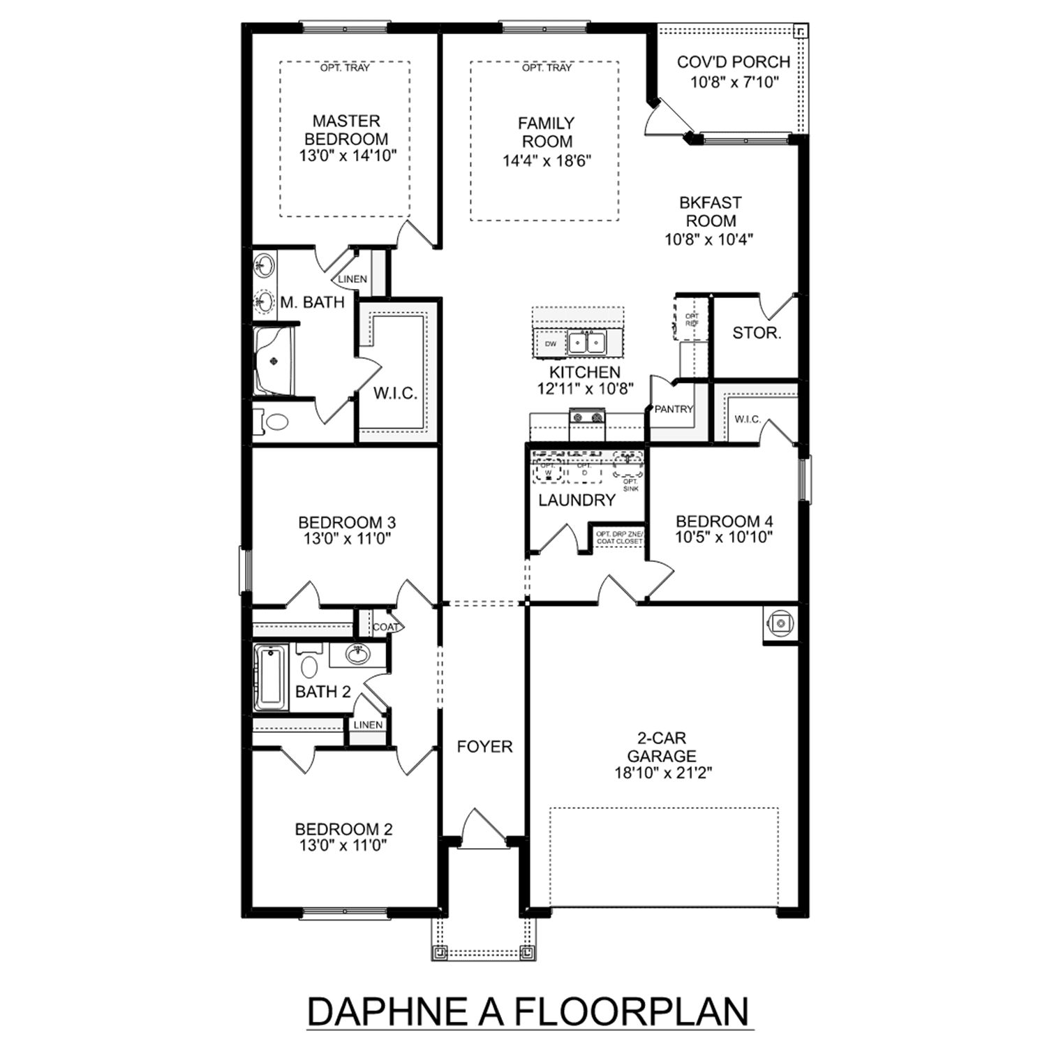 The Daphne 4-bedroom floor plan with master suite, open kitchen-family room, 2 baths, laundry, and 2-car garage by Davidson Homes