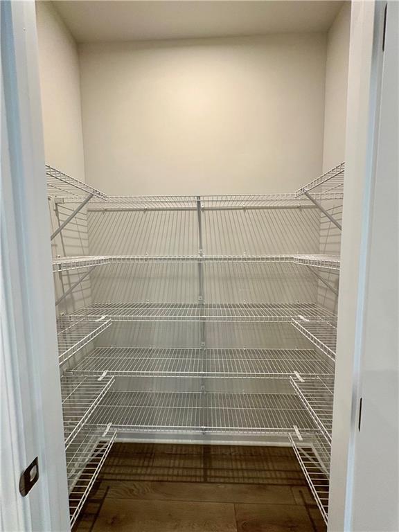 Spacious walk-in closet with wire shelving and hardwood floor in Davidson Homes The Monroe B, Emerson, Georgia