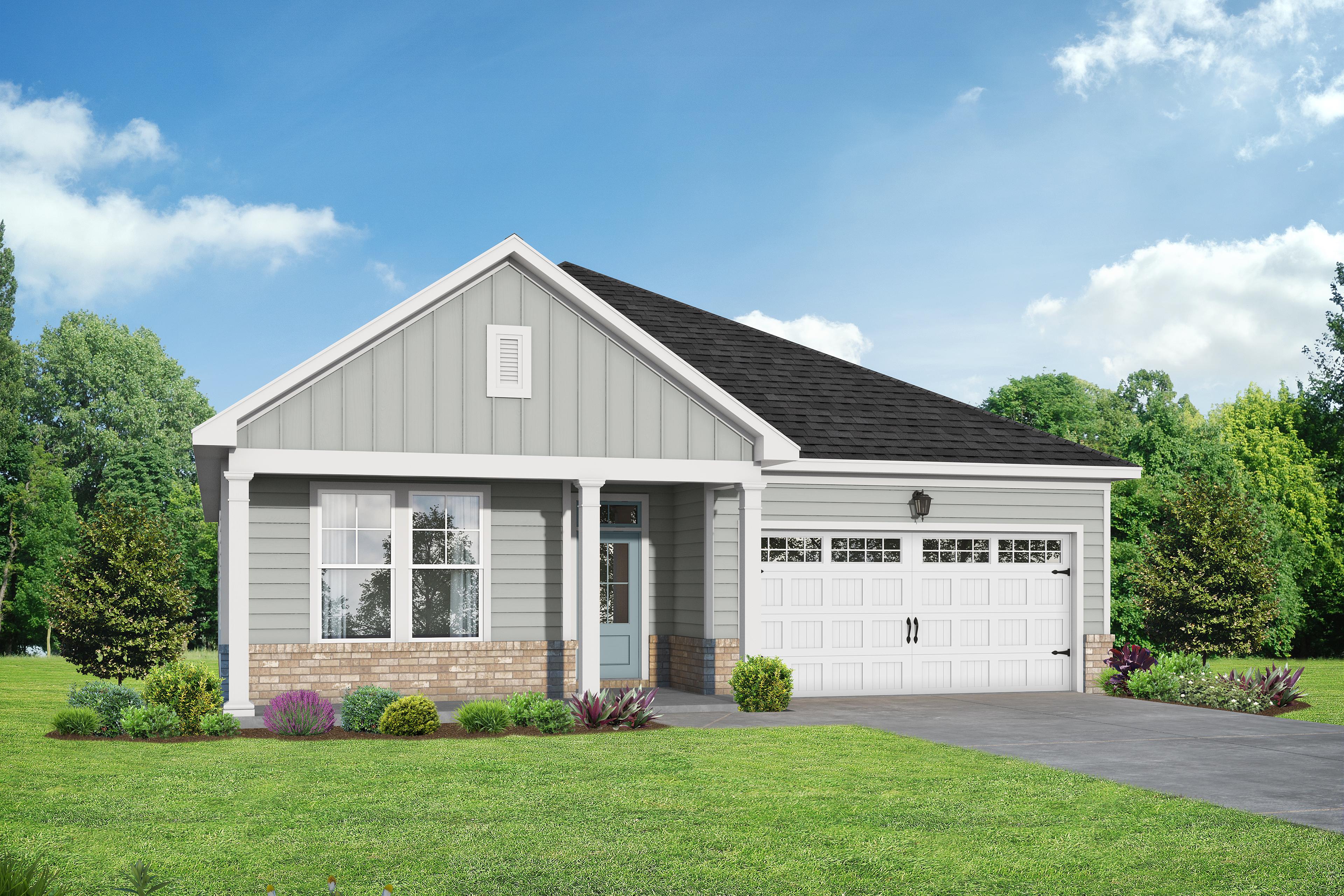 The Daphne D single-story home elevation with gray siding, brick accents, two-car garage, and front porch in Lillington NC