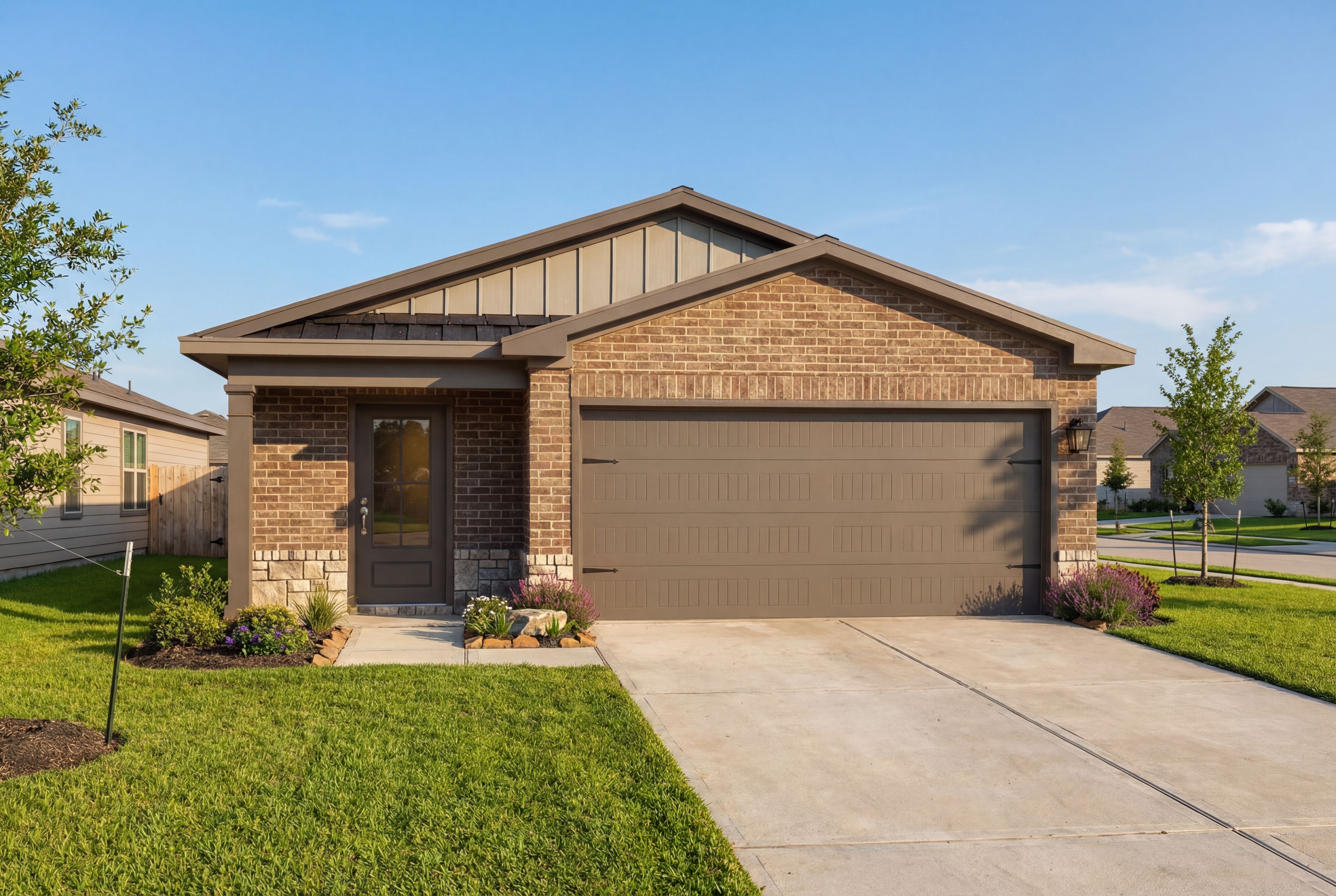 Modern brick facade of The Frio G single-story home with 2-car garage, landscaped yard, and master suite design in Magnolia Texas