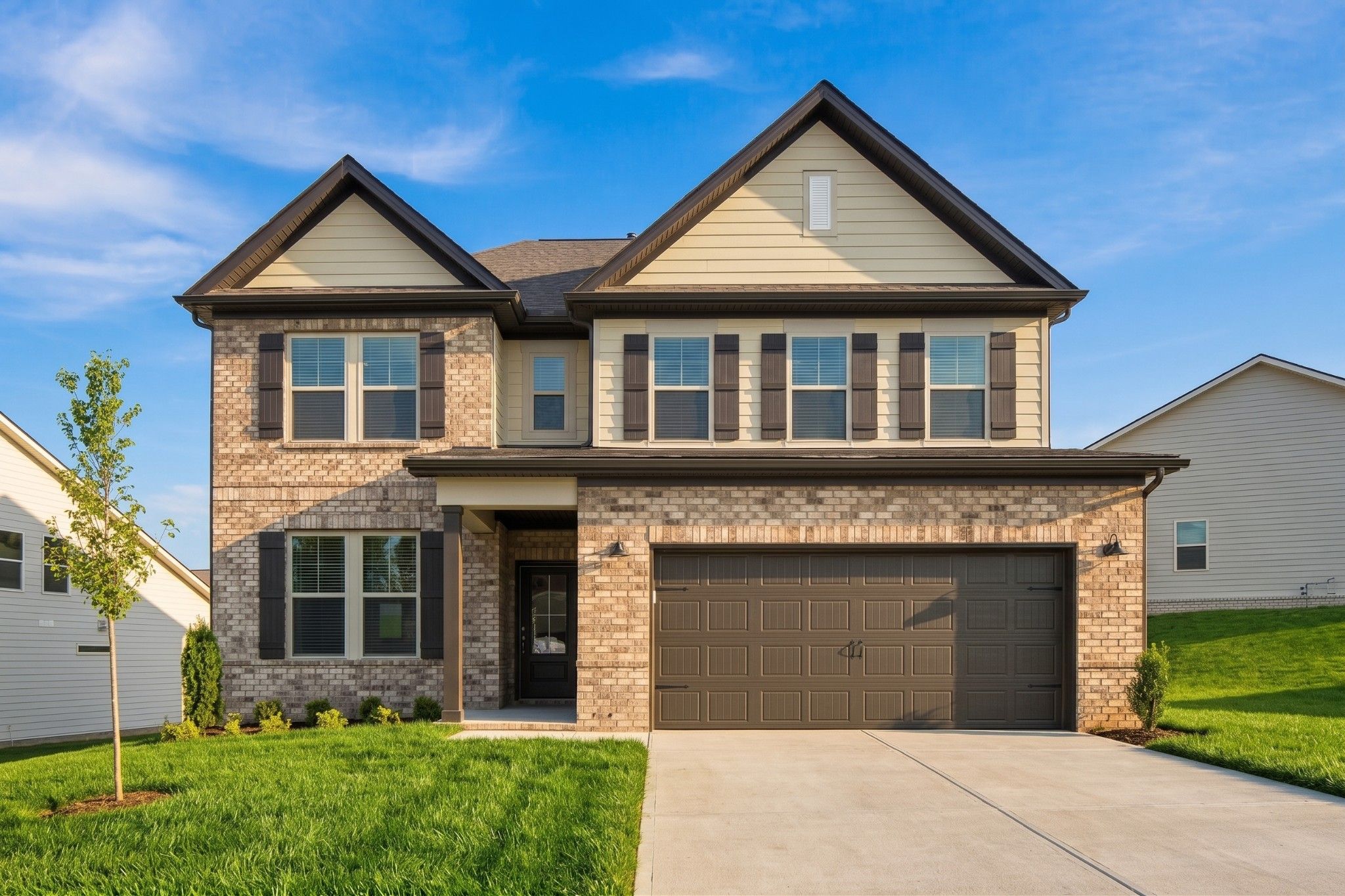 Two-story brick exterior with 2-car garage and landscaped yard at Davidson Homes' The Willow C in Woods Crossing, Gallatin, TN
