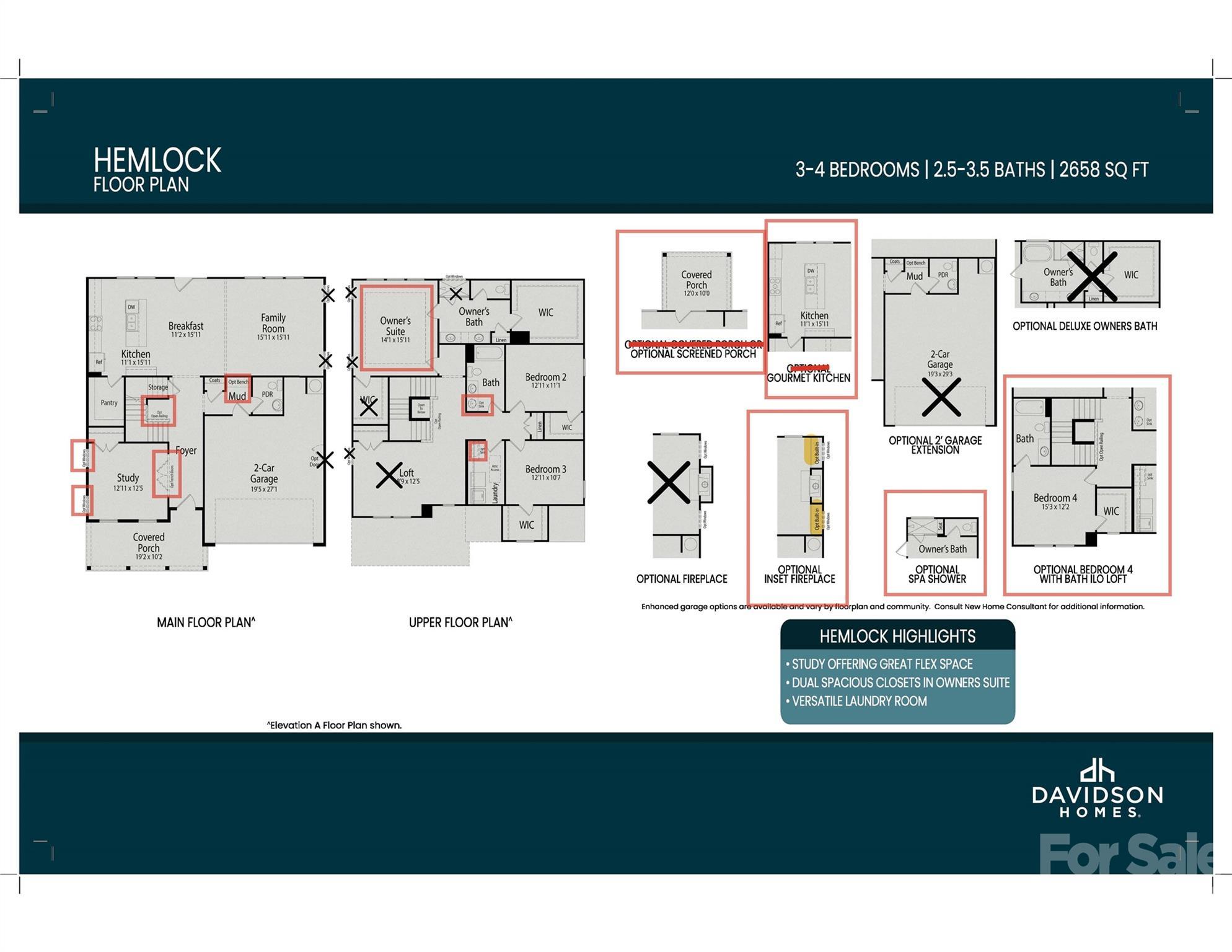 Hemlock D floor plan by Davidson Homes featuring main and upper level layouts for a 4-bedroom home in Enclave at Belmont.